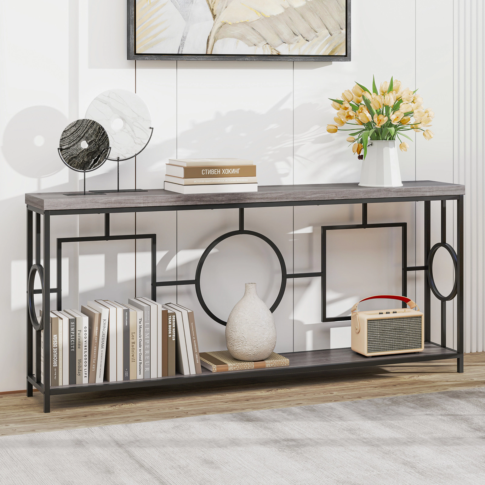 SUGIFT 2-Tier Wood Grain Top Metal Frame Hallway Console Table 71-in x 12-in x 31.5-in 110-lb Capacity Rustic Brown