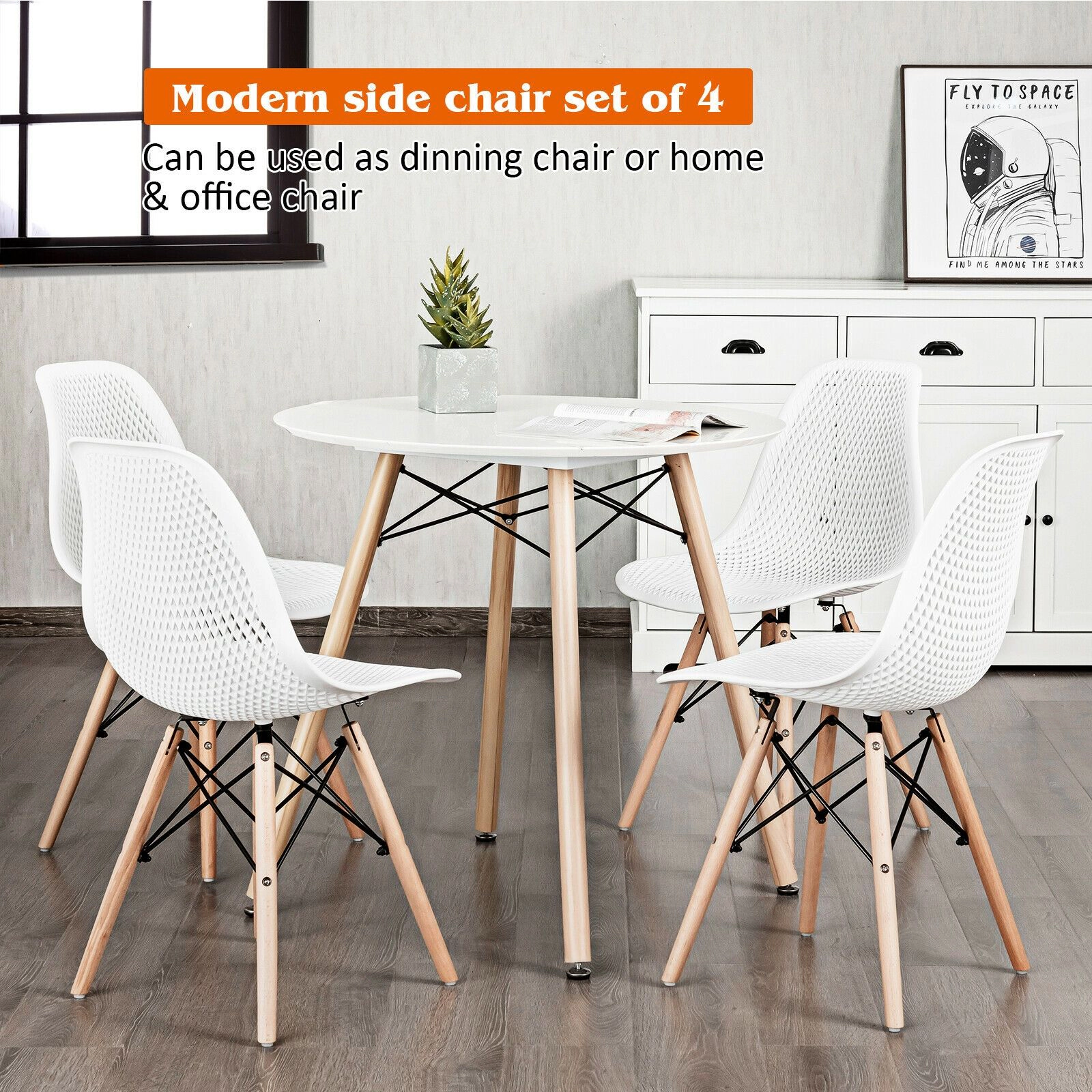 SlickBlue Unisex Set of 4 Hollow Back Plastic Chairs with Wood Legs