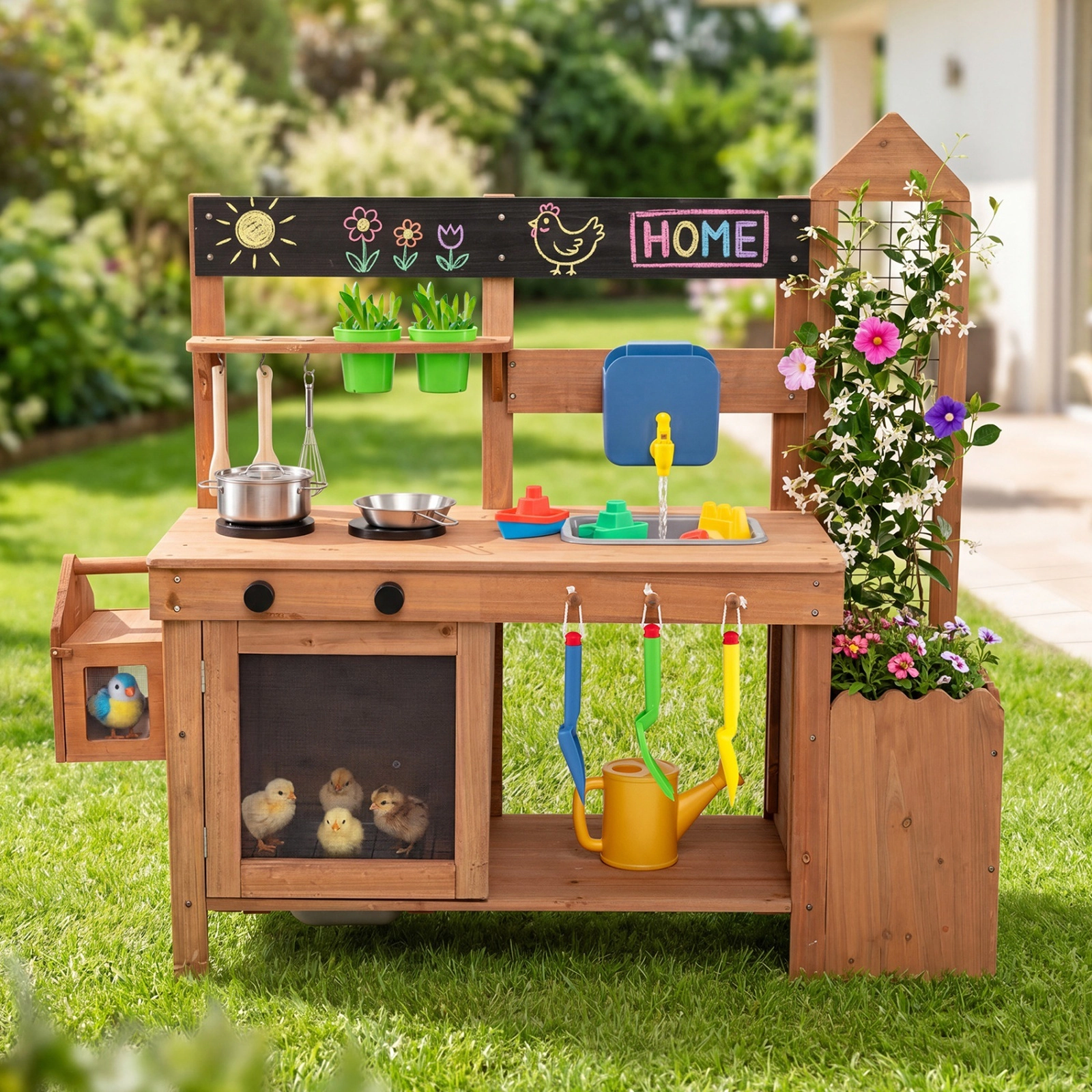 Outdoor Mud Kitchen for Kids with Planter Box Birdcage Chalkboard and Working Faucet 44-in x 16-in x 40-in Fir Wood