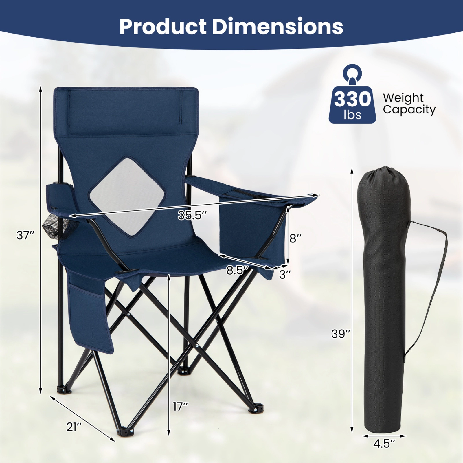 SUGIFT Camping Chair with Mesh Backrest and Solid Metal X-Frame 330-lb Capacity 35.5-in Tall with Carrying Bag Blue