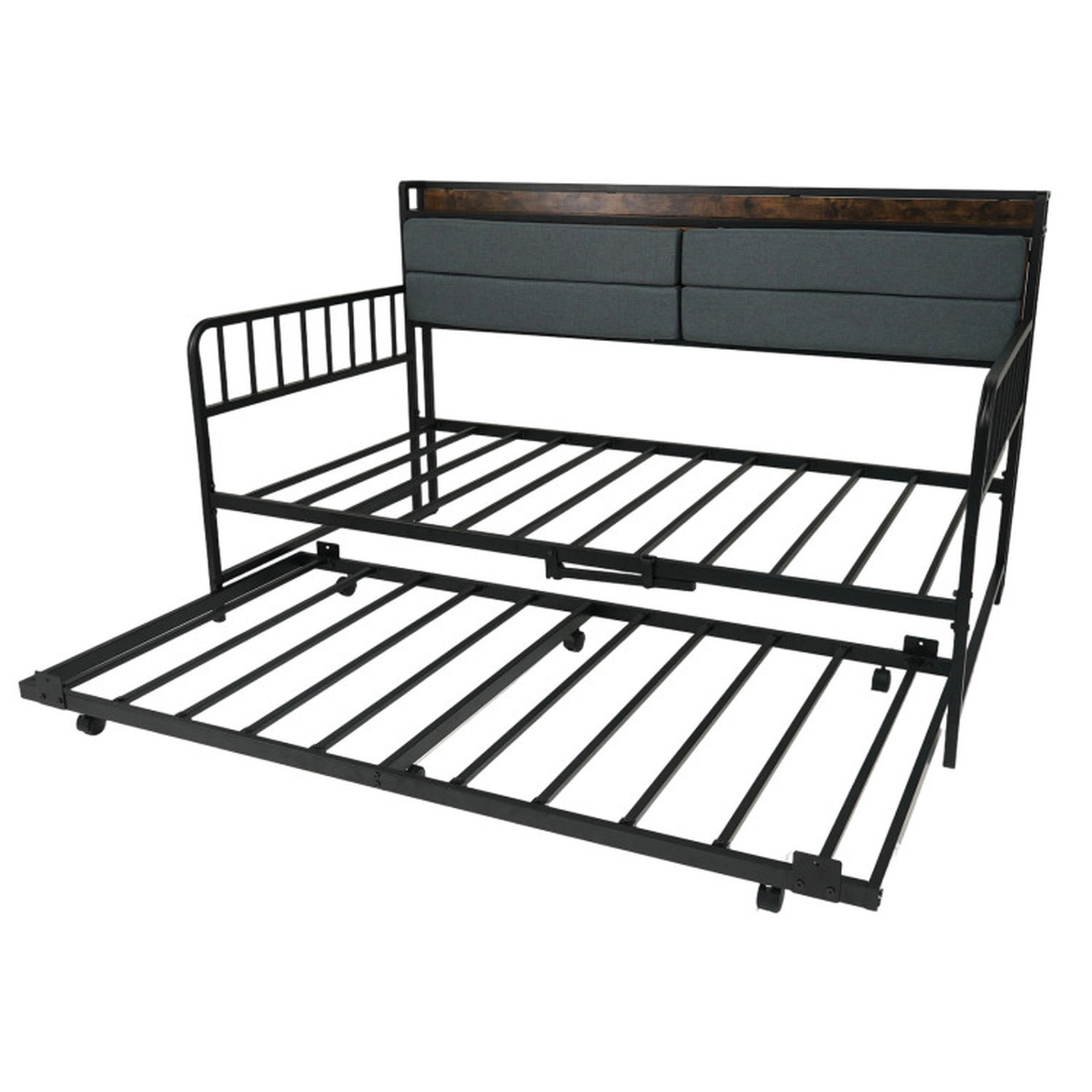 SUGIFT Twin Size LED Lights Charging Station Trundle Metal Daybed 77-in x 45-in x 45-in 480-lb Capacity Rustic Brown