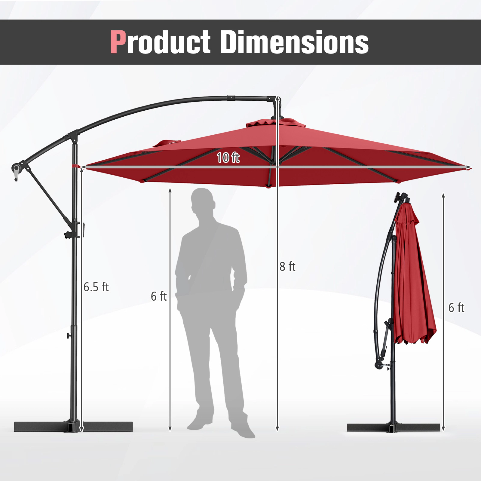 SUGIFT 10-ft Wine Offset Hanging Patio Umbrella with Base Infinite Tilt 8 Metal Ribs and Vented Canopy