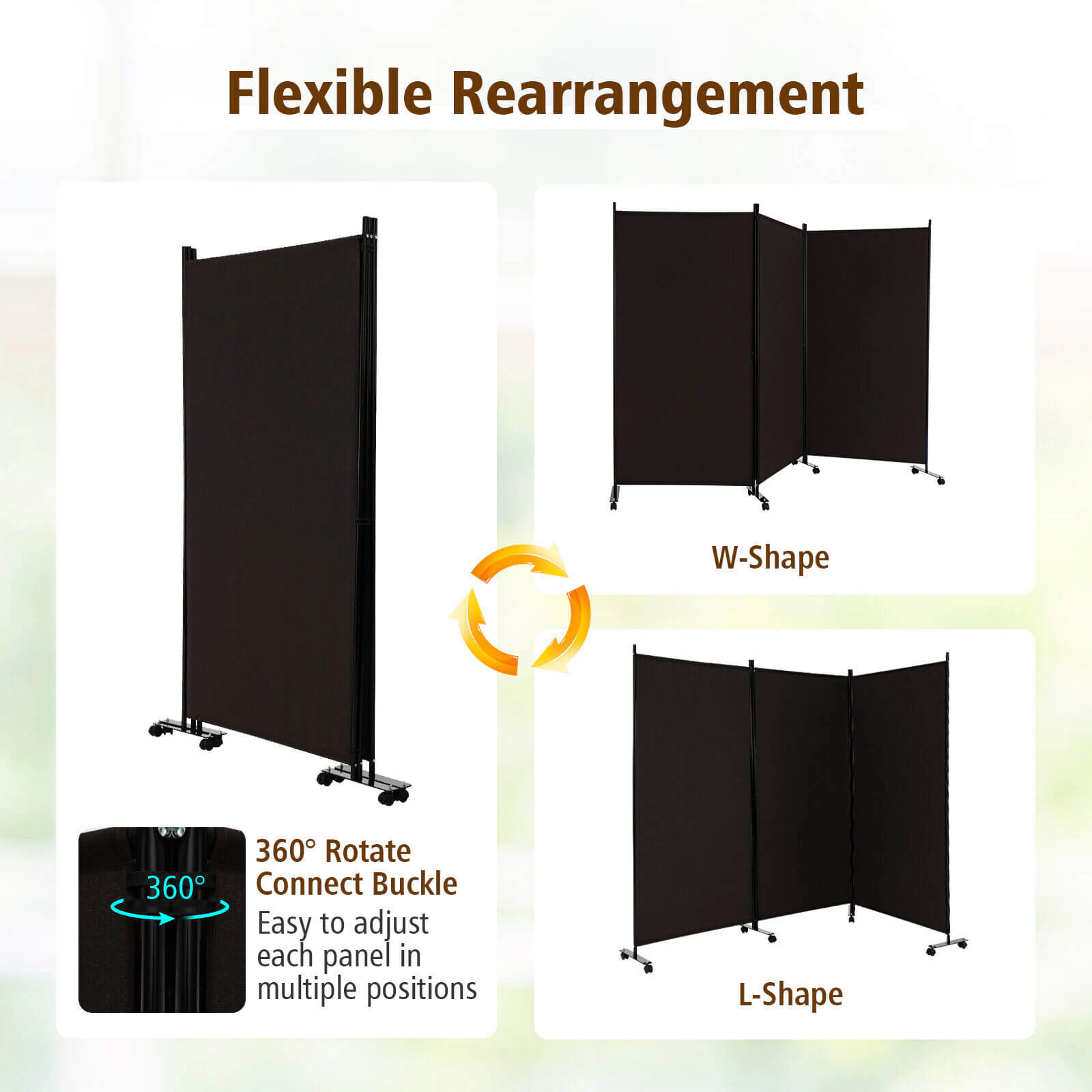 SUGIFT 3-Panel Folding Room Divider with Lockable Wheels Brown Metal Frame Polyester Fabric