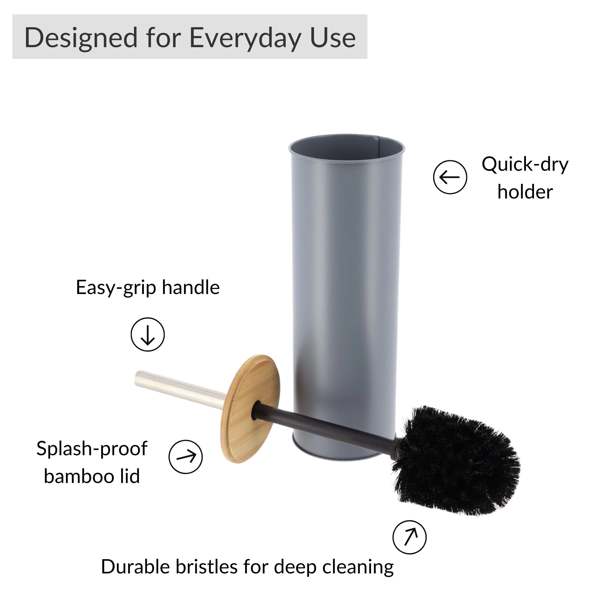 Evideco Toilet Brush with Bamboo Lid, Slim Powder-Coated Steel