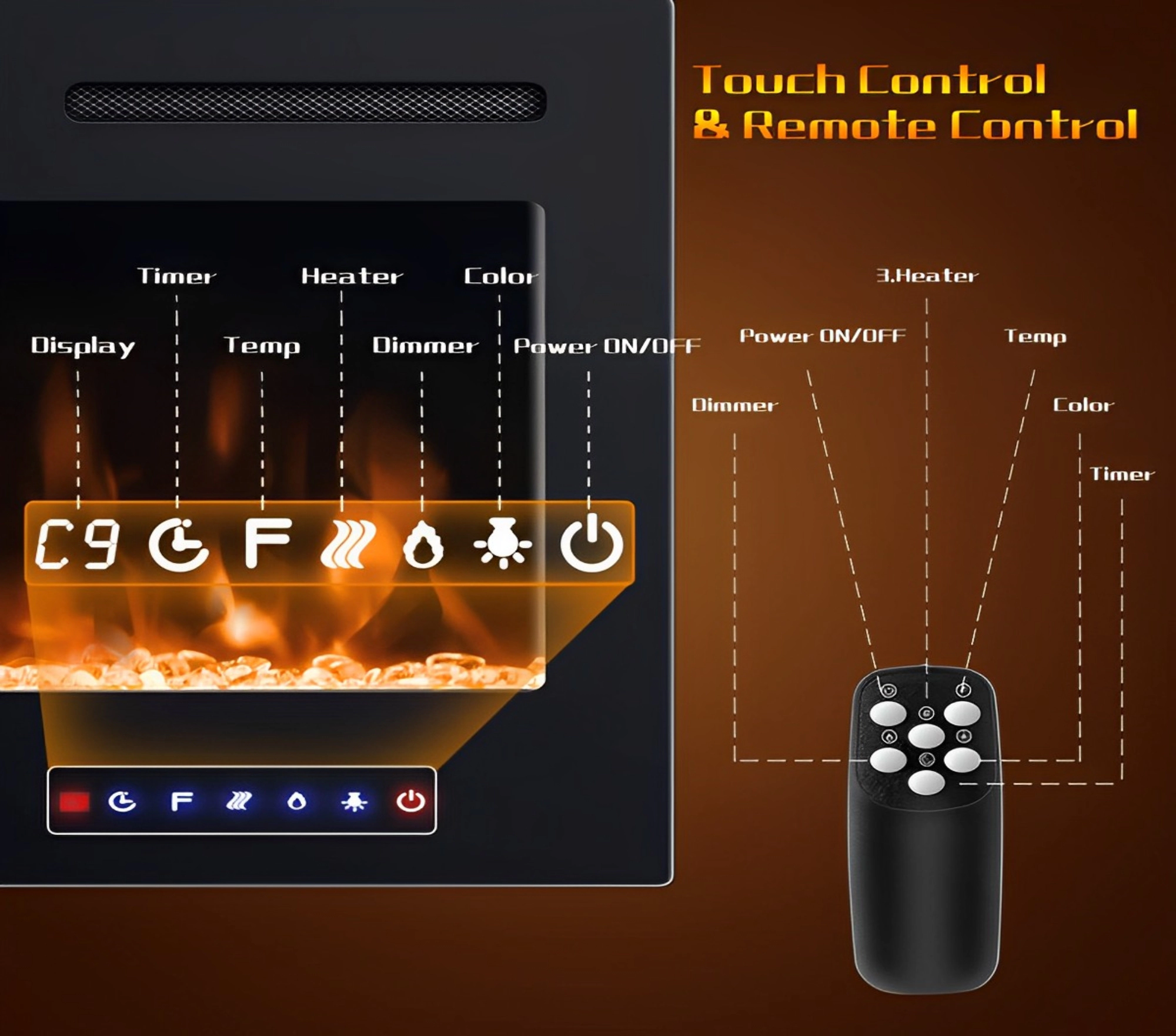 SUGIFT 50-Inch Recessed and Wall-Mounted Electric Fireplace with 9 Flame Colors Black