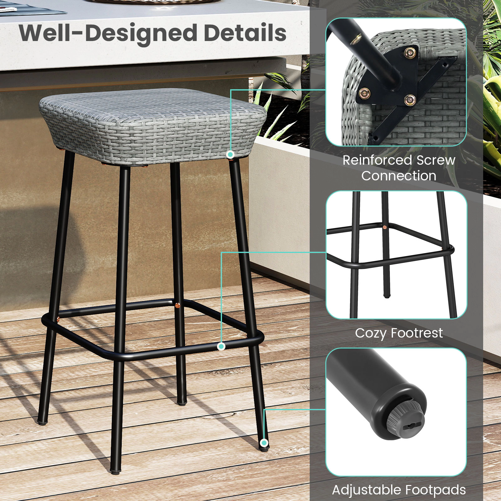 SUGIFT Gray Woven Rattan Seat and Footrest Set of 2 29.5 Inch Patio Bar Stool