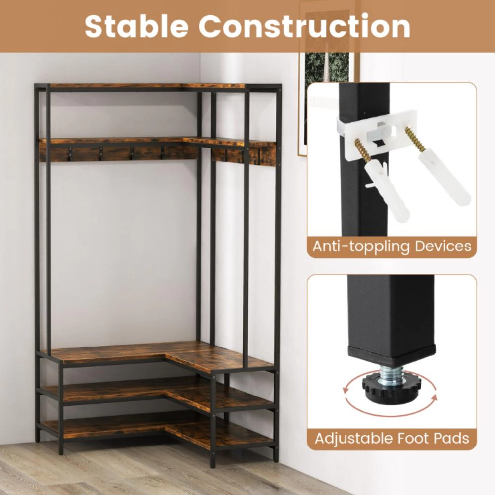 Hivvago Corner Garment Rack with Open Shelves and 7 Hooks Shoe Bench-Rustic Brown