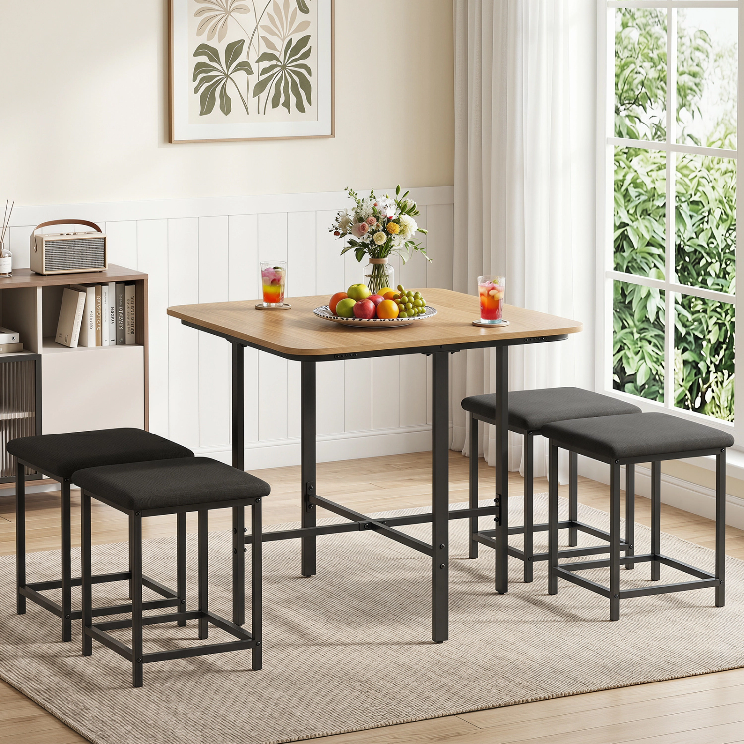 LJG Dining Table Set with 4 Upholstered Stools and Metal Frame