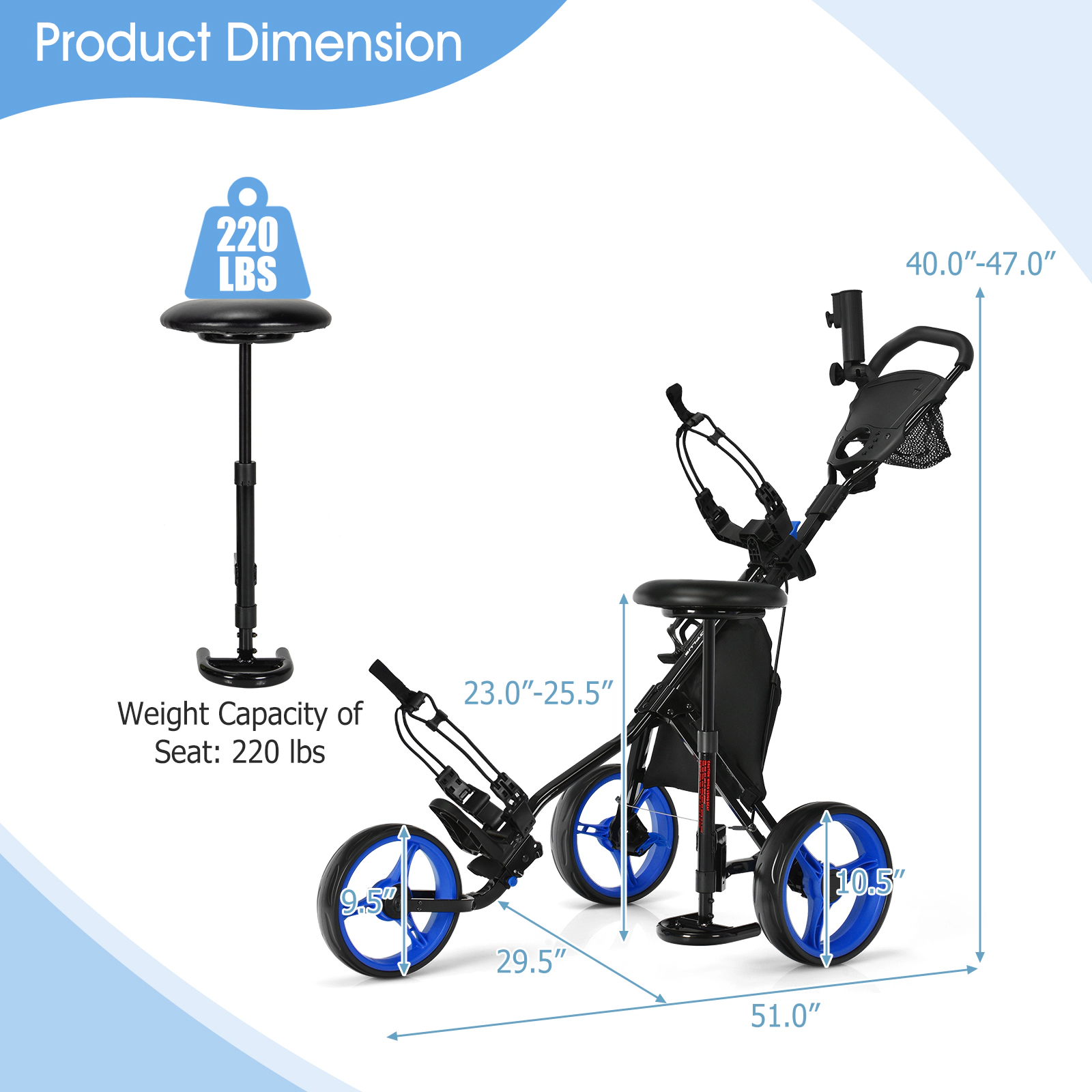 SUGIFT Blue Seat Scoreboard and Adjustable Handle 3-Wheel Folding Golf Push Cart