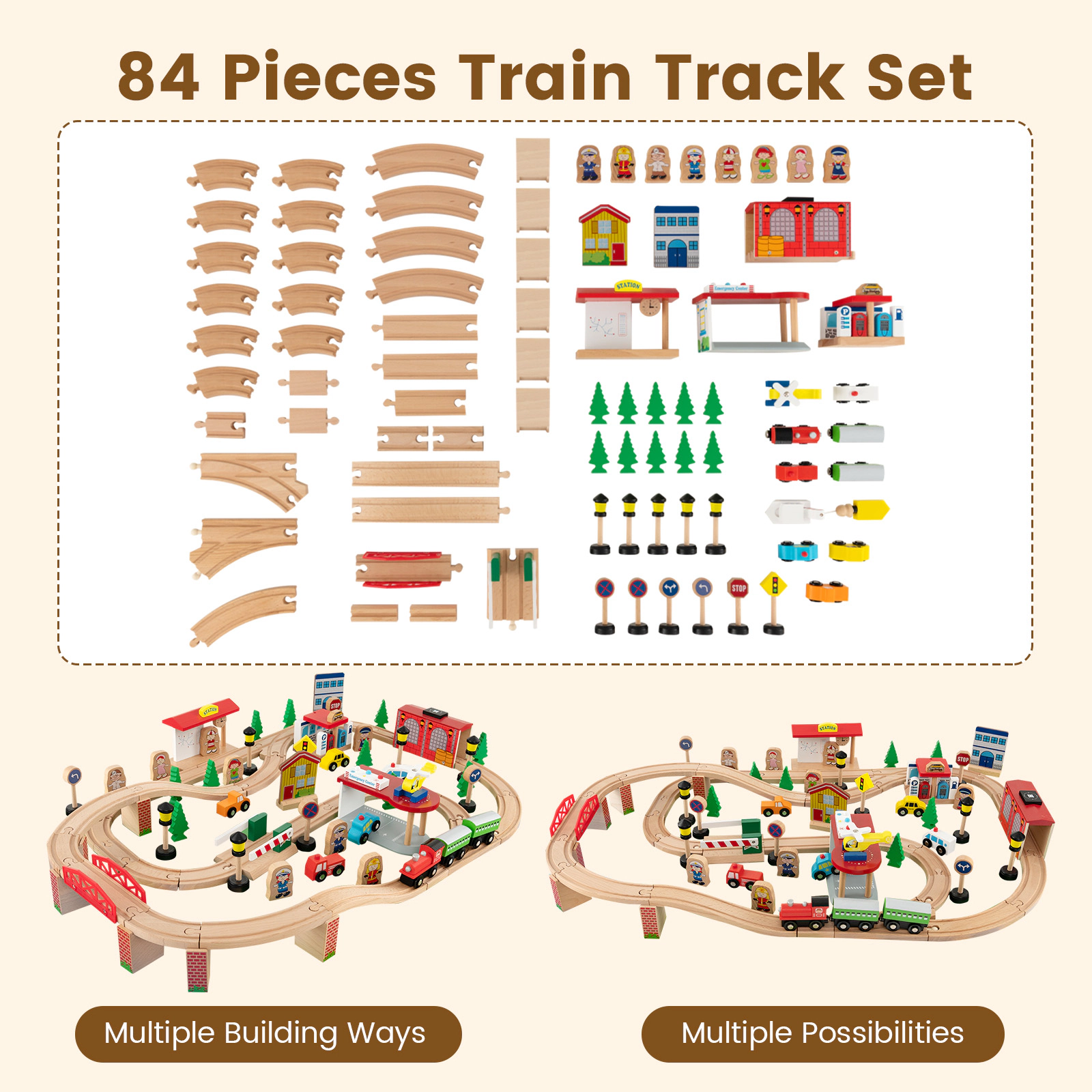 SUGIFT 84-Piece Wooden Train Set Activity Table with Reversible Top 38-in Long Ages 18M+ Natural Interactive Toy