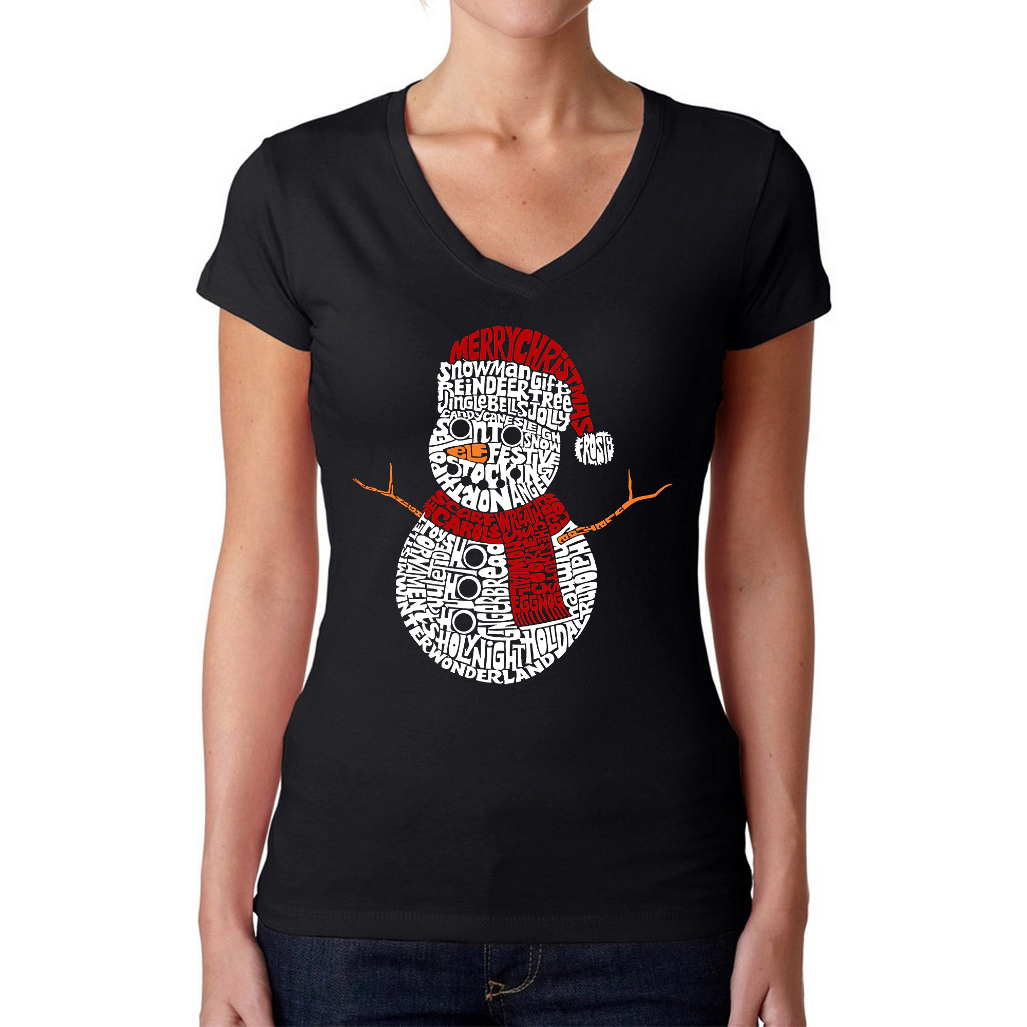 LA Pop Art Womens Word V-Neck T-Shirt - Christmas Snowman
