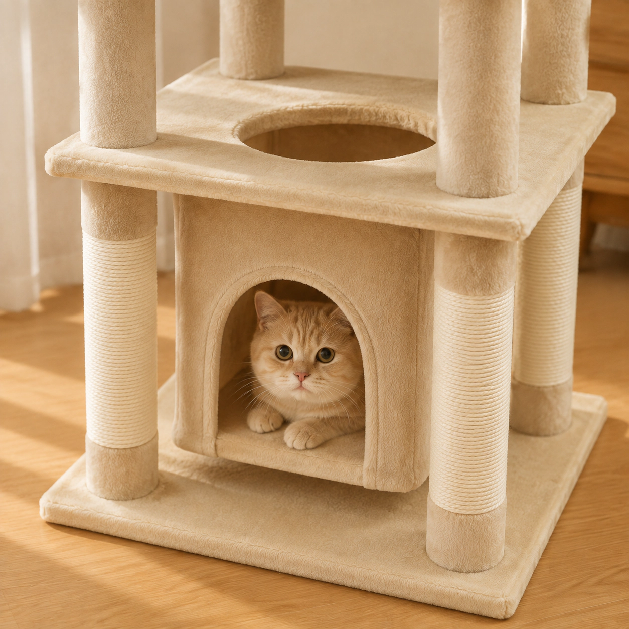 SUGIFT Beige Swaying Aerial Condo Skylight and Plush Perch Bed 58 in Cat Tree