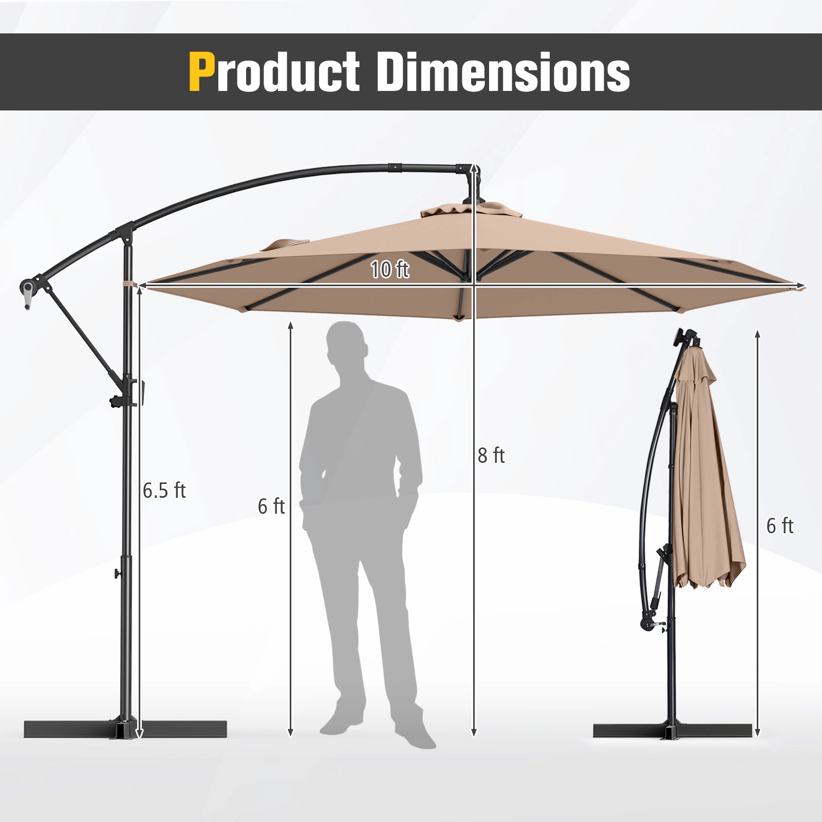 SUGIFT 10-ft Beige Offset Hanging Patio Umbrella with Base Infinite Tilt and 360-Degree Rotation for Garden