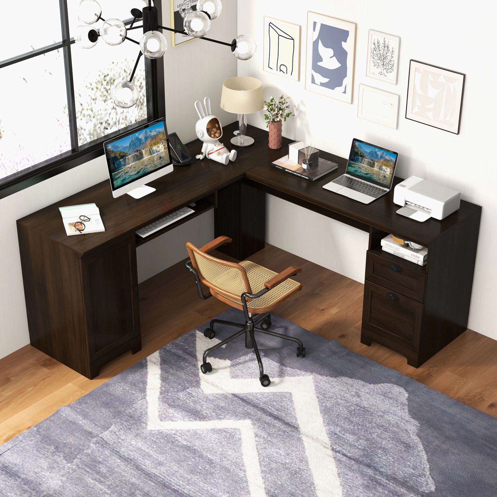 SlickBlue 66 Inch L-Shaped Computer Desk With Storage Cabinet