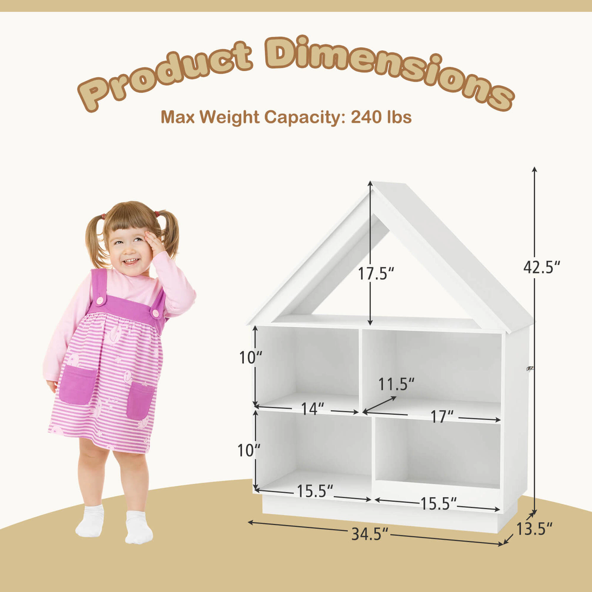 Costway Wooden Kids Dollhouse Bookshelf with Open Shelves Anti-toppling System Bookcase White