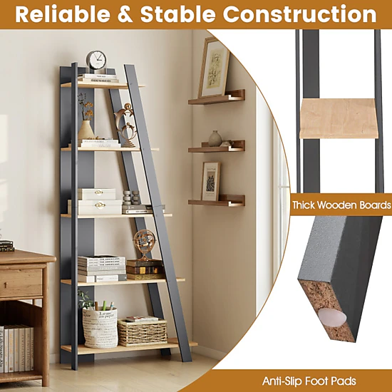 Hivvago 5-Tier Modern Bookshelf Narrow Vertical Display Shelf for Small Space
