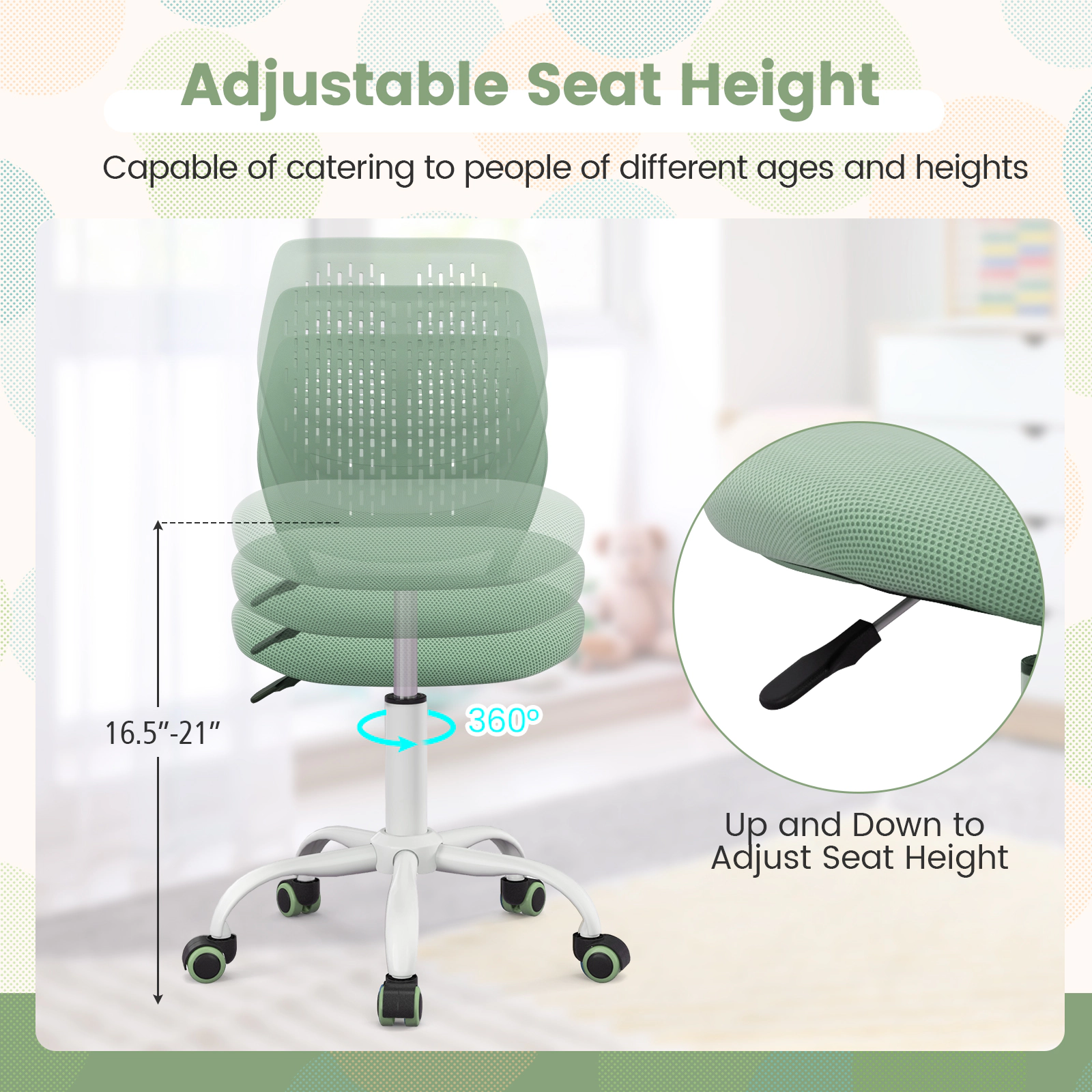 SUGIFT Ergonomic Mesh Children Study Chair with Adjustable Height 250-lb Capacity 16.5-21-in Seat 19.5-in Base Green