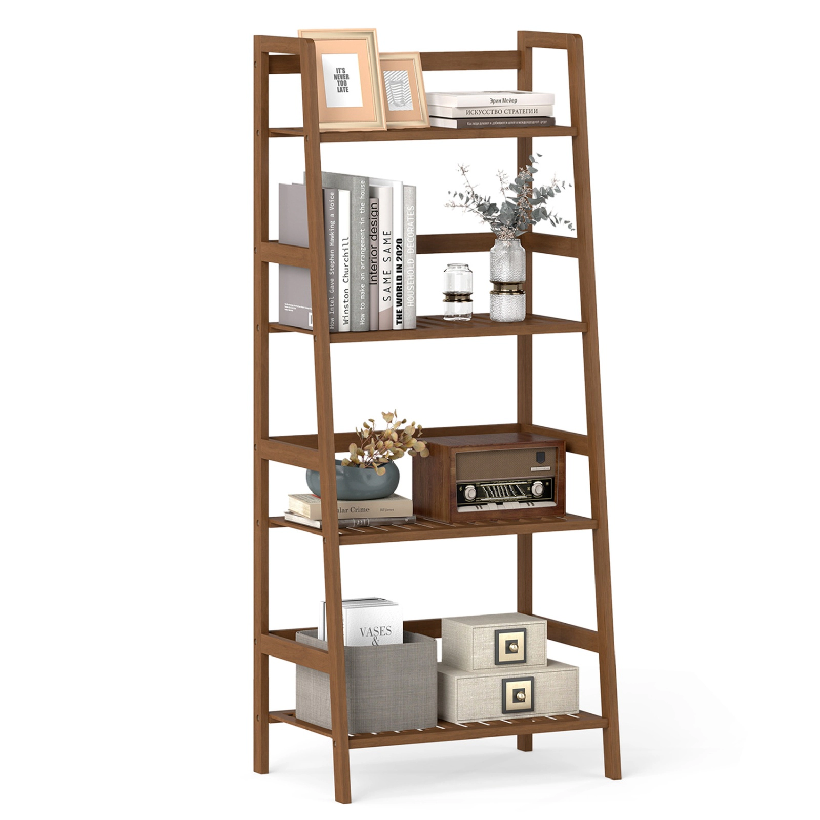 SUGIFT 4-Tier Space-Saving Bamboo Plant Rack with Guardrails 22-lb Capacity per Tier Walnut Brown Natural
