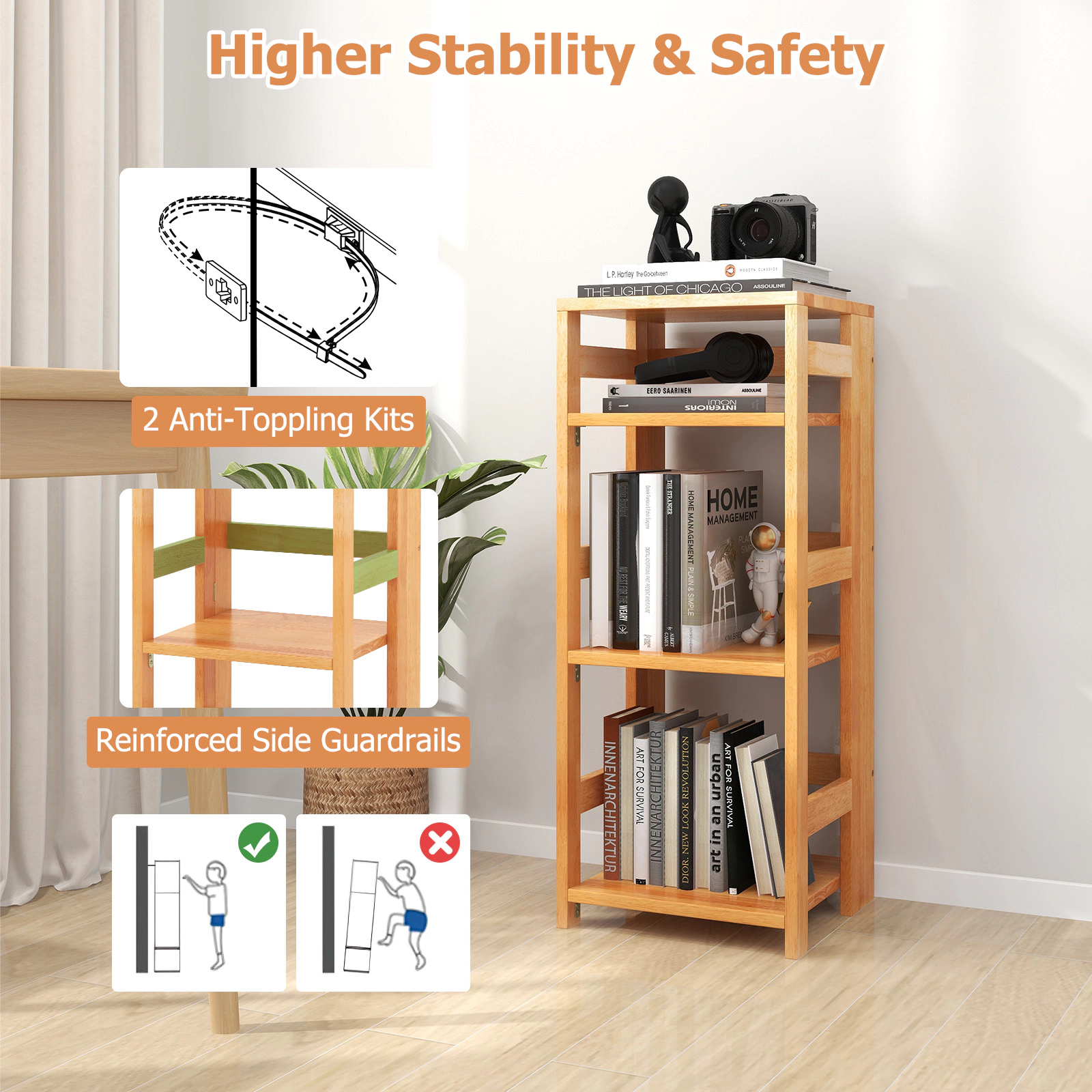 SUGIFT 4-Tier Natural 14-in Wide Solid Rubber Wood Bookshelf with Side Guardrails and 2 Anti-Toppling Kits