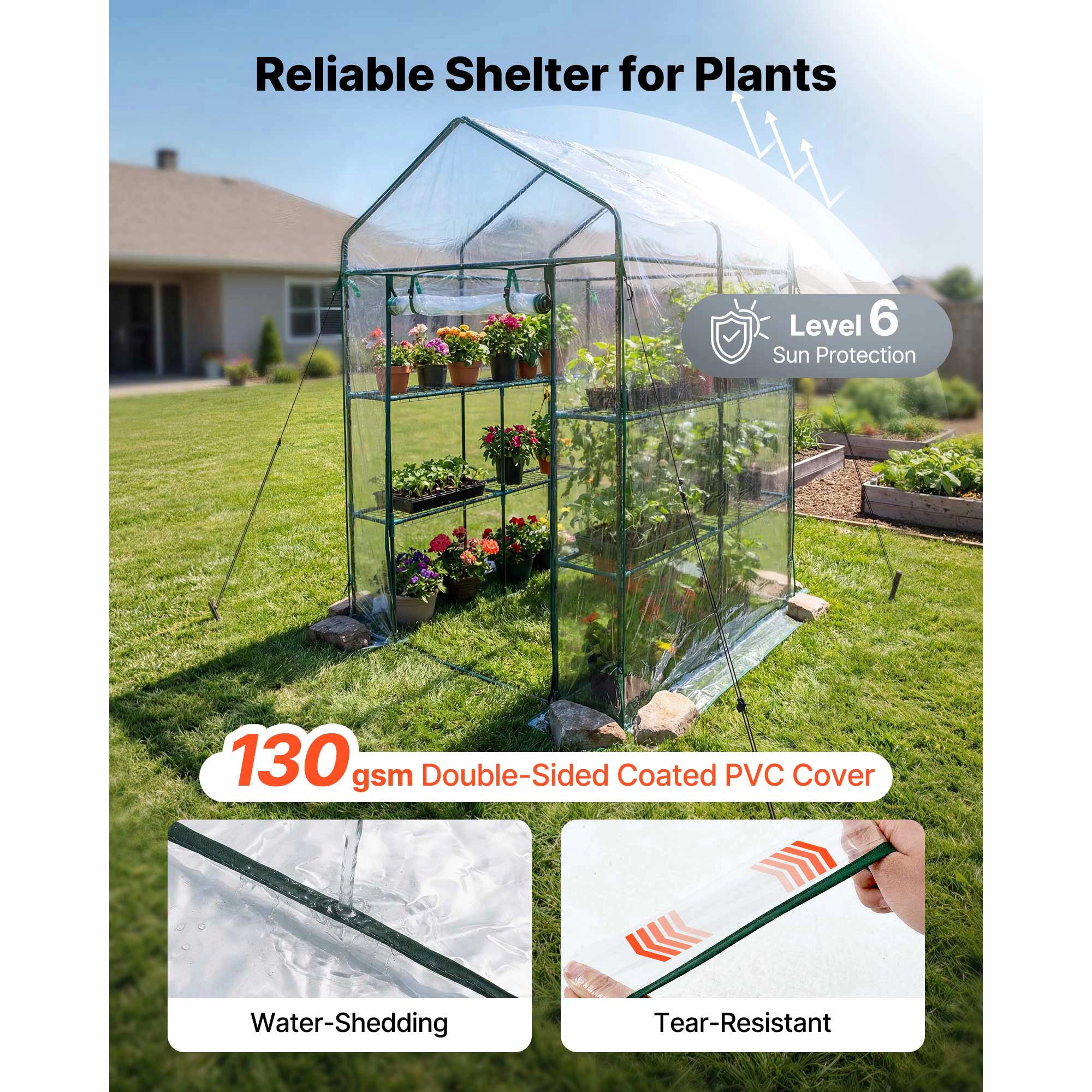 HONGGE Walk-In Greenhouse, 54 x 54 x 77.2 in, Steel Frame with 10 Shelves & Clear PVC Cover for Outdoor Gardening