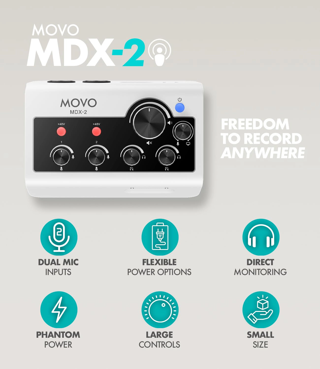 Movo MDX-2 2 Channel XLR Portable Audio Interface Compatible with PC Mac iPhone iPad and Android
