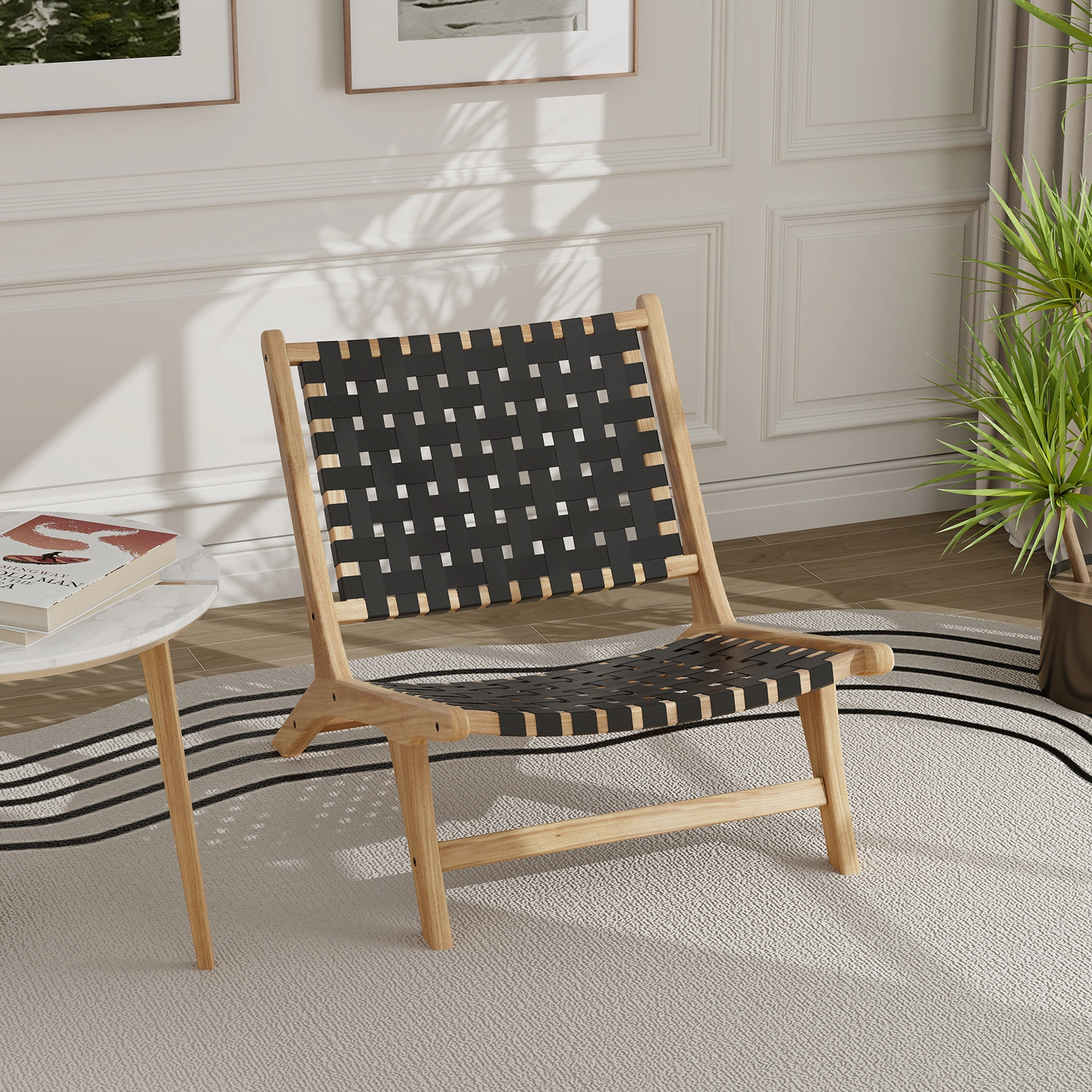 LJG Modern Armless Teak Wood Lounge Chair with Nylon Woven Backrest and Seat