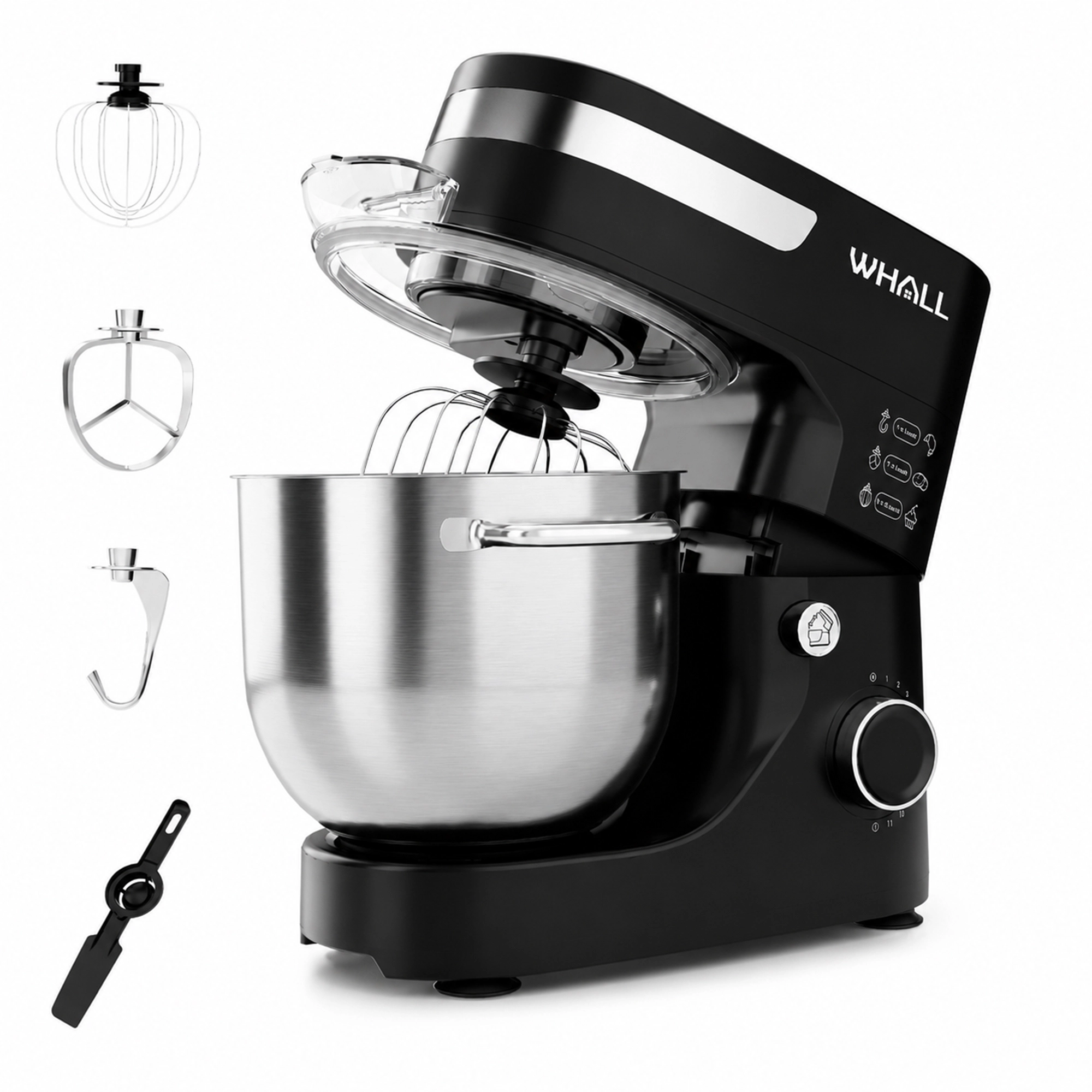 WHALL - Stand Mixer 5.5Qt Tilt Head Electric Kitchen Mixer with Dough Hook/Wire Whip/Beater, Stainless Steel Bowl