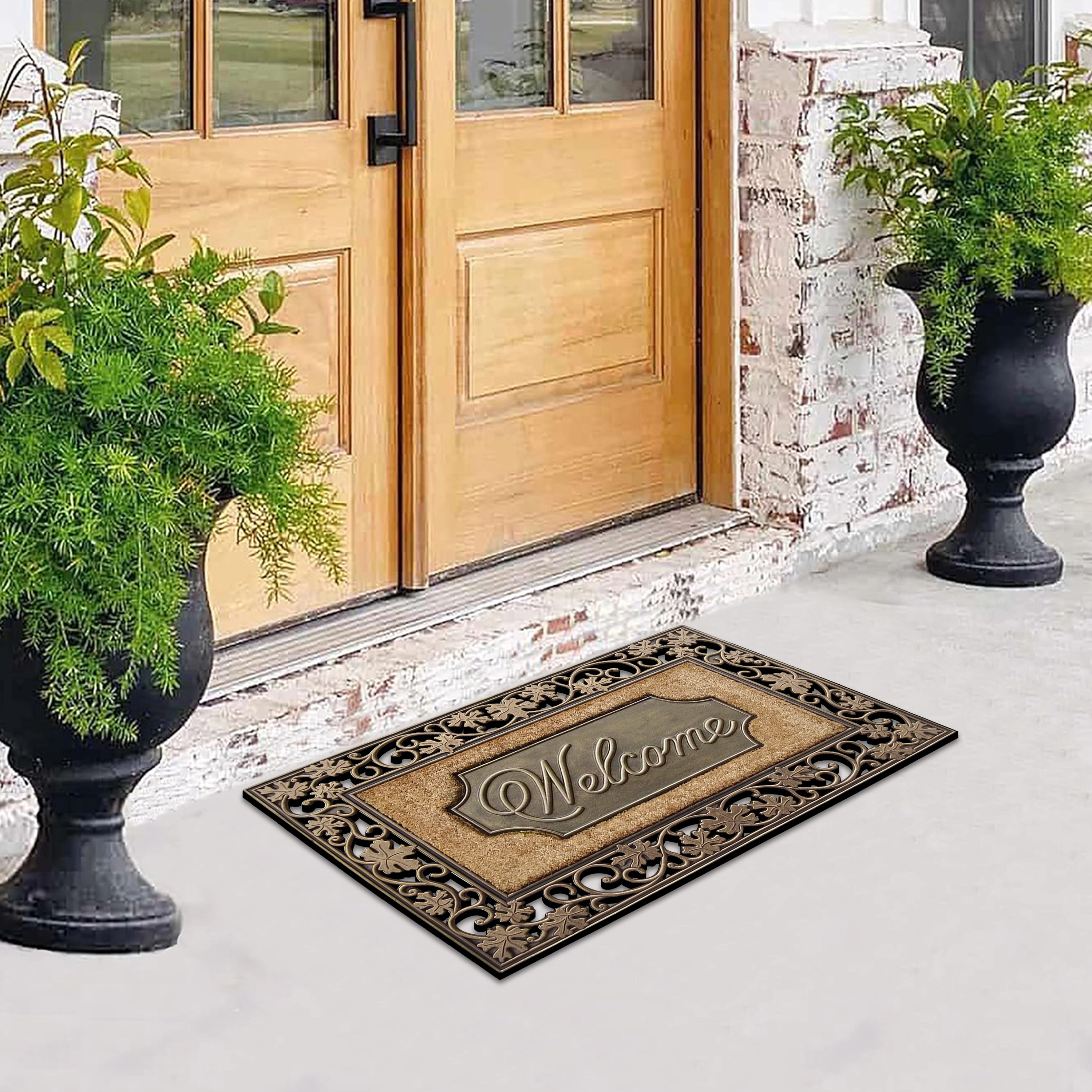A1HC Coir and Rubber Door Mat 23x38 Inches Anti-Shed Heavy Duty Non-Slip Floral Border