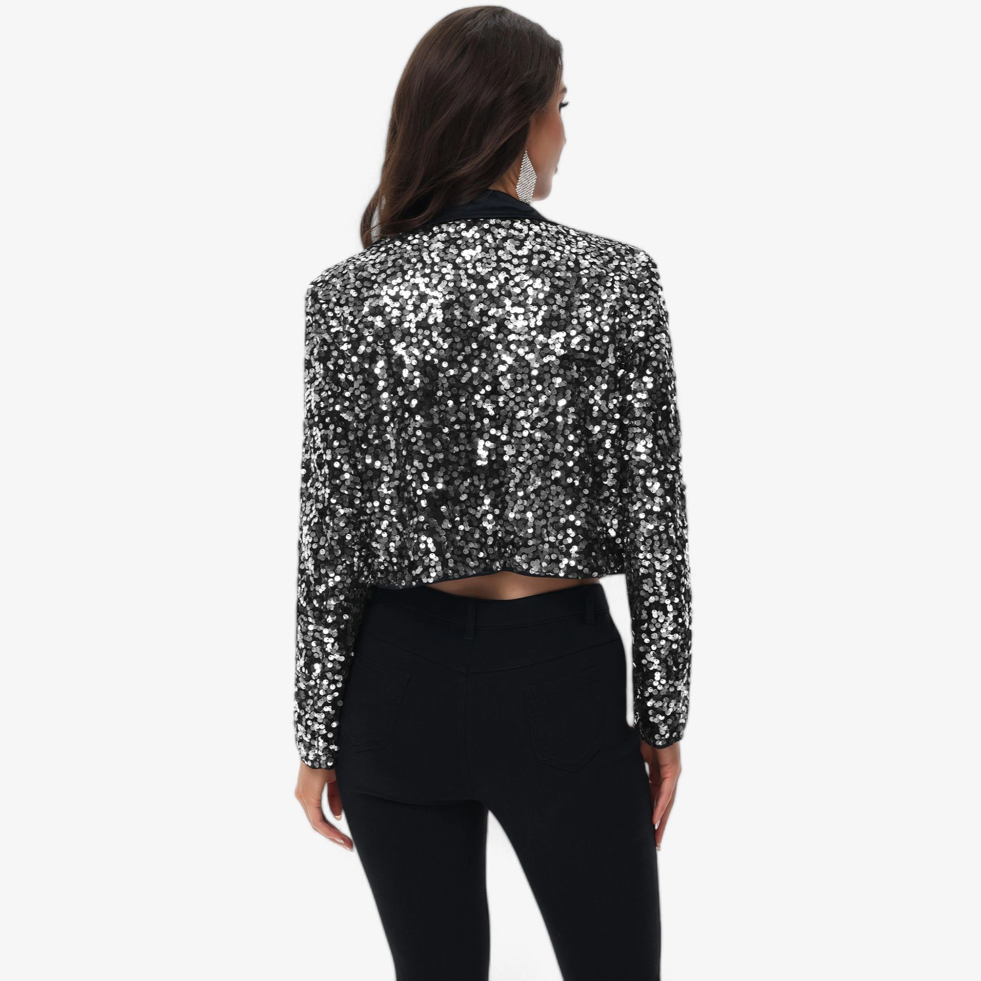 Anna-Kaci Women's Sequin Cropped Blazer Long Sleeve Sparkly Open Front Jacket