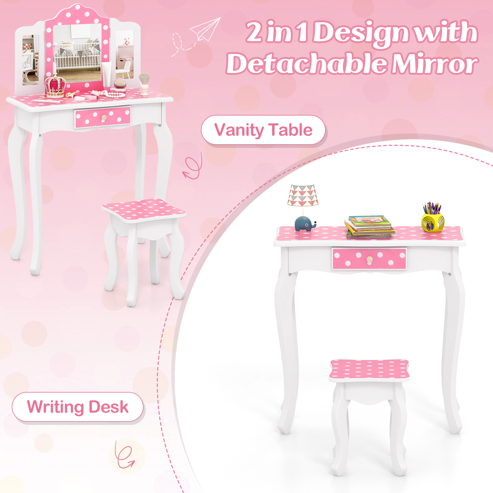 SUGIFT Toddler Princess Vanity Set with Stool, Polka Dots and Tri-Fold Mirror