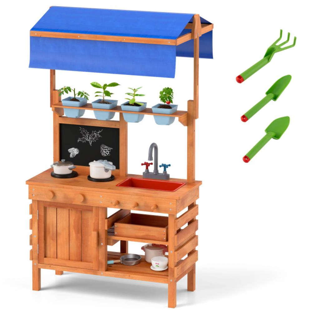Hivvago Wooden Pretend Play Kitchen with Height Adjustable Canopy for Kids-Natural