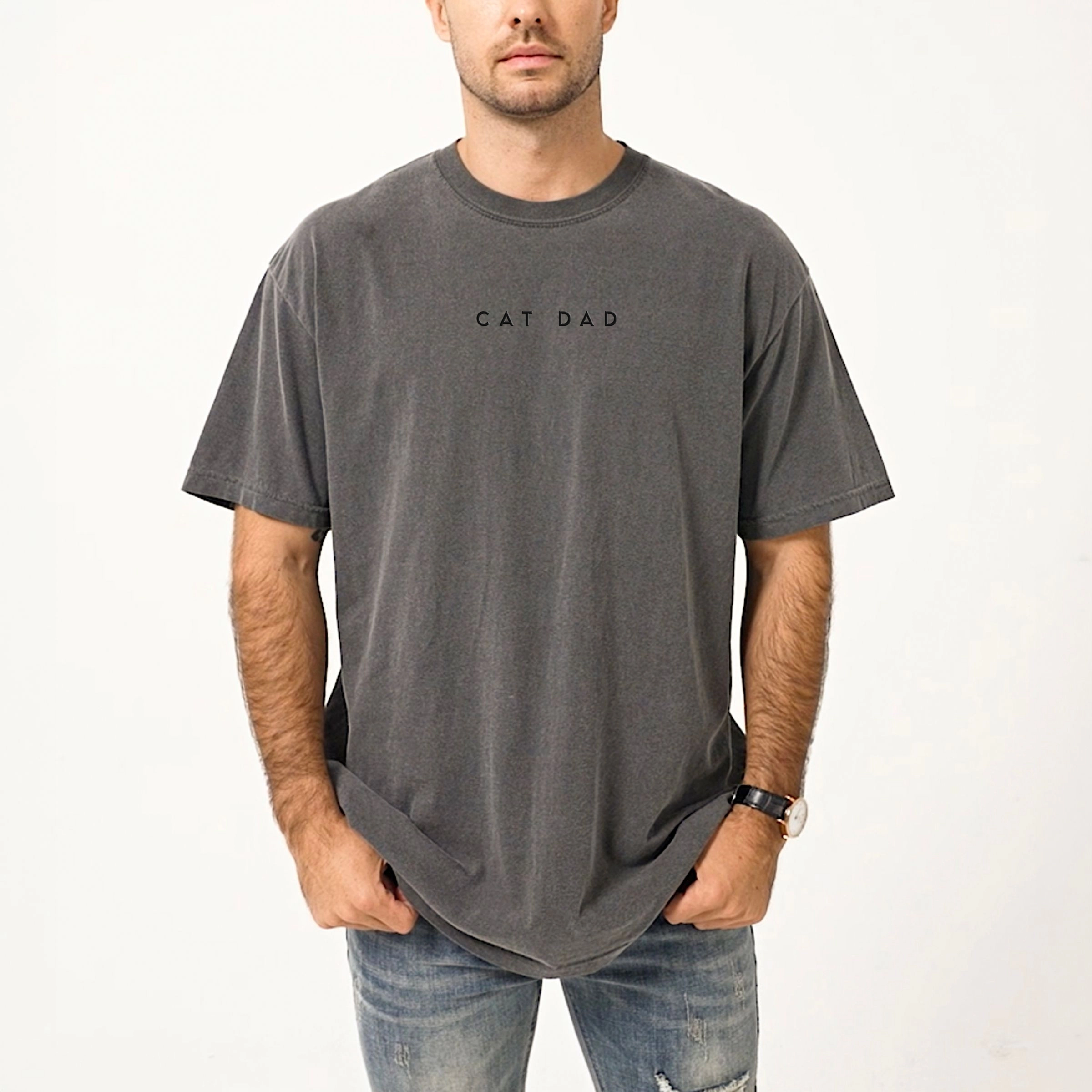 Simply Sage Market - Cat Dad Minimal Puff Print Men's Garment Dyed Graphic T-Shirt
