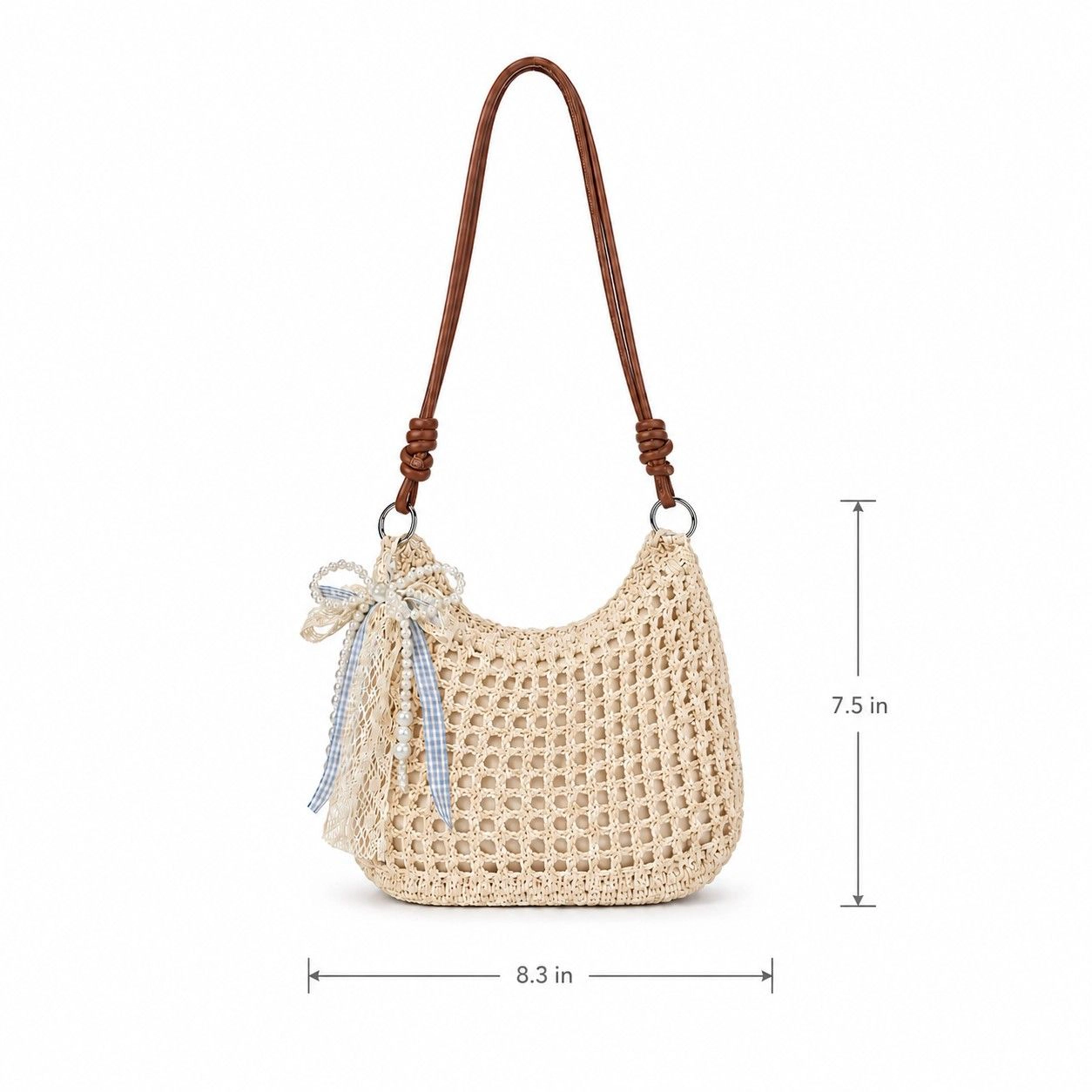 Alilang Women's Decorative Woven Crossbody Bag with Pearl Charm, Scarf Accent and Zip Closure, Khaki