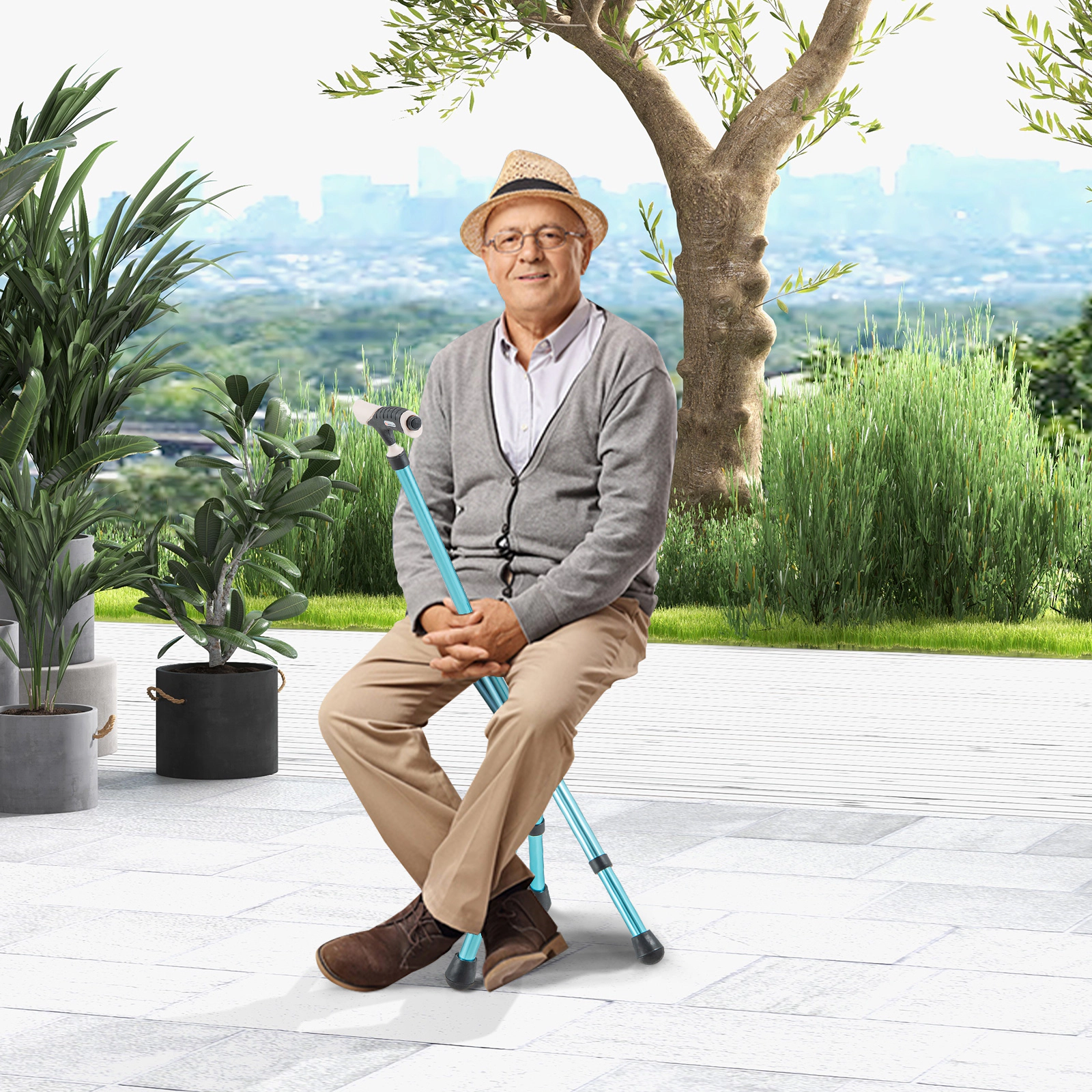 SUGIFT Blue Adjustable Cane Seat with LED Light and 3 Anti-Slip Footpads 31.5-in to 35.5-in H 220-lb User Capacity