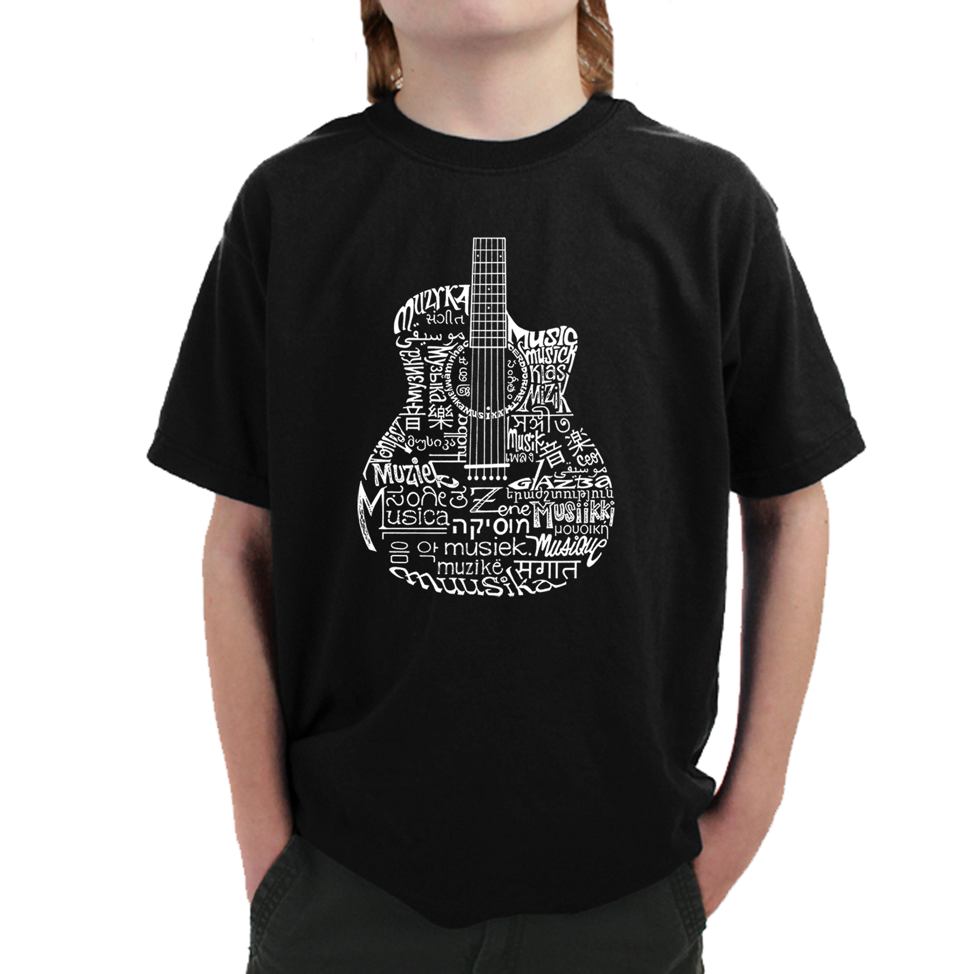 LA Pop Art Boy's Word T-Shirt - Languages Guitar