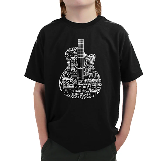 LA Pop Art Boy's Word Art T-Shirt - Languages Guitar