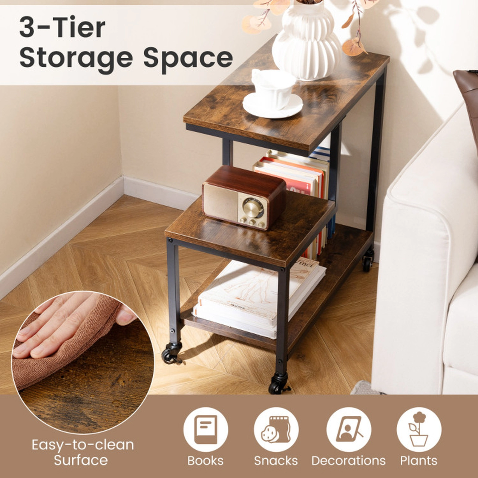SUGIFT Rustic Brown 24-Inch Rolling 3-Tier G-Shaped Side Table with Locking Casters