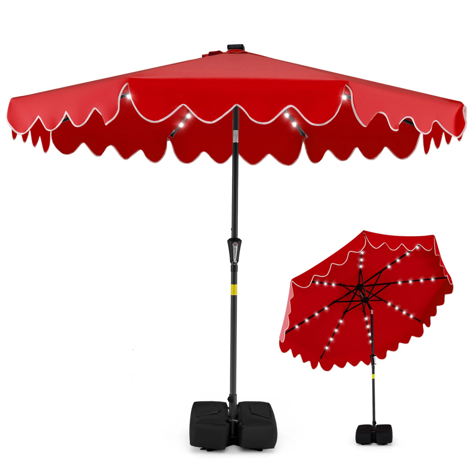 SUGIFT 9 ft Red Solar Patio Umbrella, Scalloped Canopy, 8 Ribs, Tilt, 1.5 in Pole, 2 Sandbags