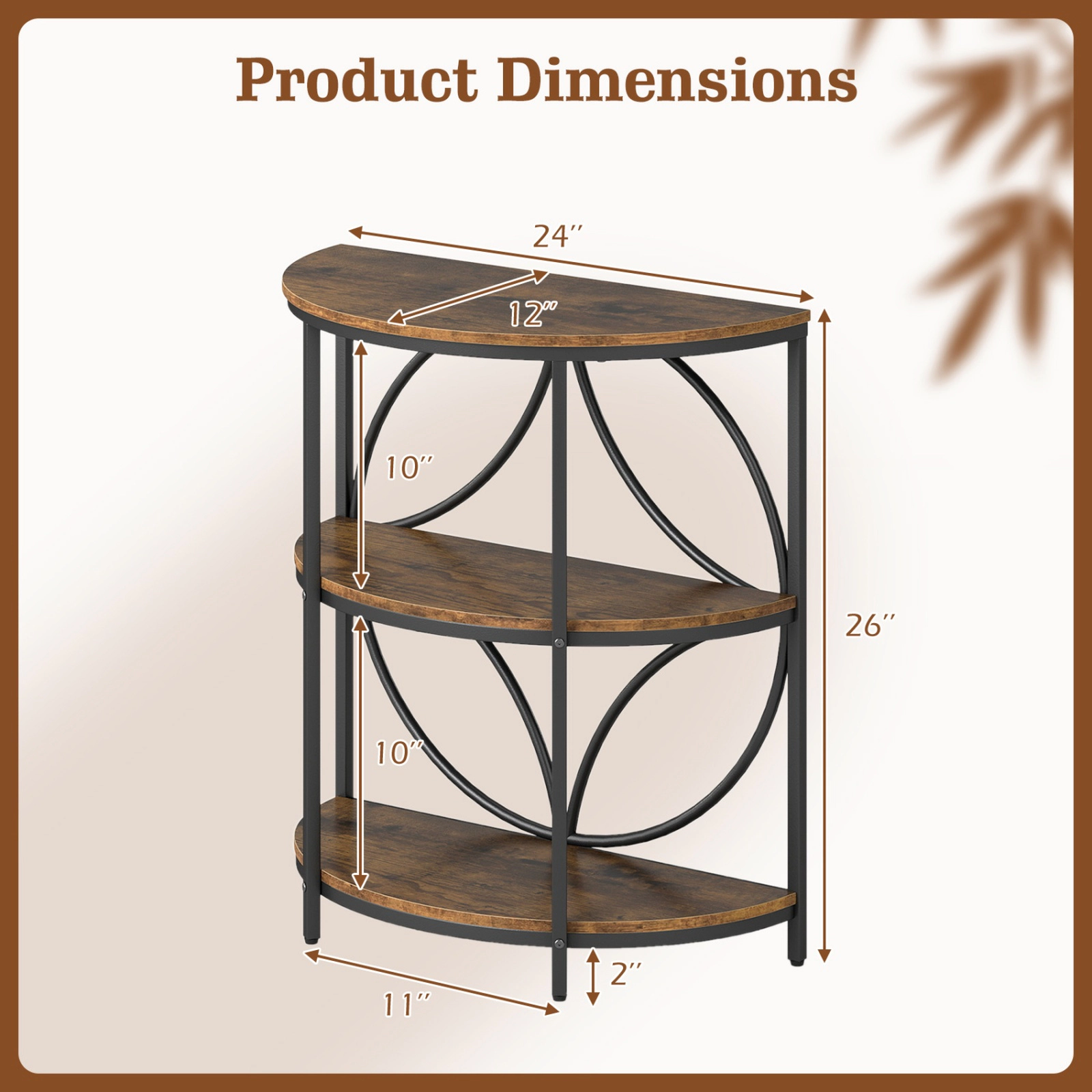 SUGIFT Set of 2 26-Inch Narrow Half-Round Side Tables with 3-Tier Storage Shelves and Metal Frames