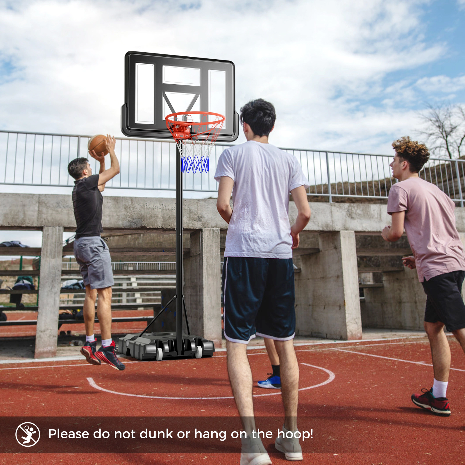 SUGIFT Black Portable Basketball Hoop with 44-in Shatterproof Backboard and 2 Wheels 4.4-ft to 10-ft H 18-in Rim