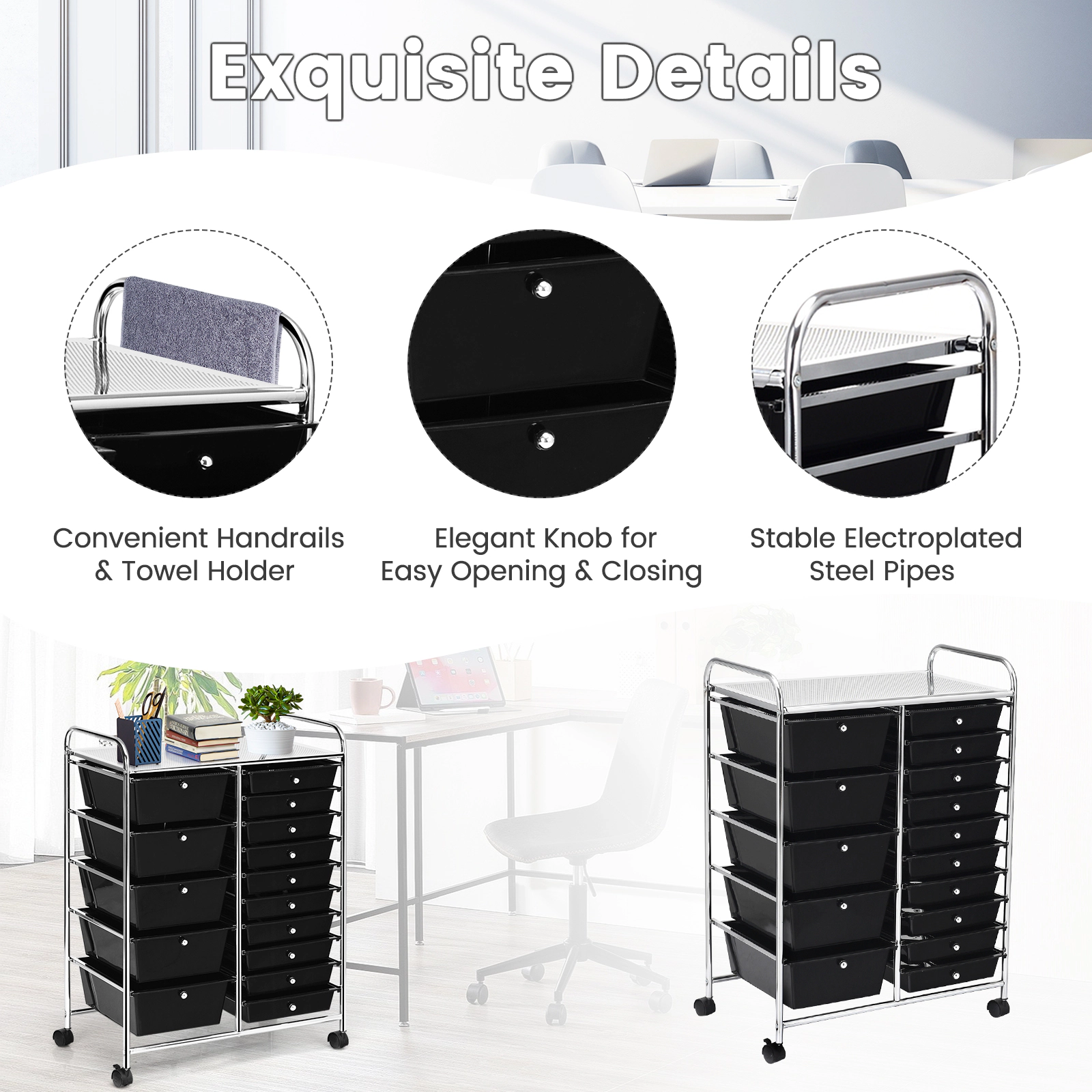 SUGIFT 15-Drawer Rolling Utility Organizer Cart with Steel Frame 22-lb Top Capacity Multi-Use Black