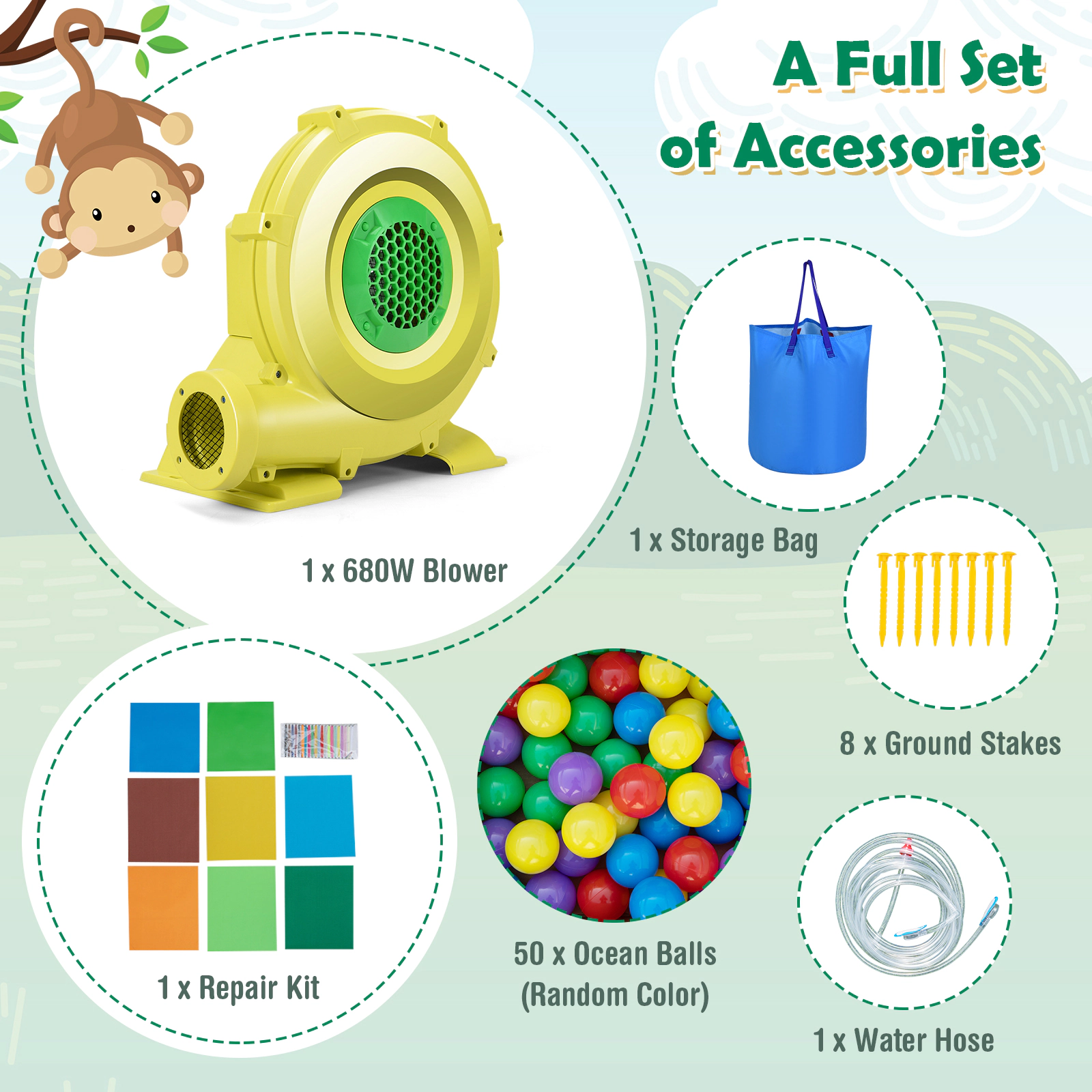 SUGIFT Monkey Themed Jumping Area Splash Pool and 680W Blower Kids Inflatable Water Slide