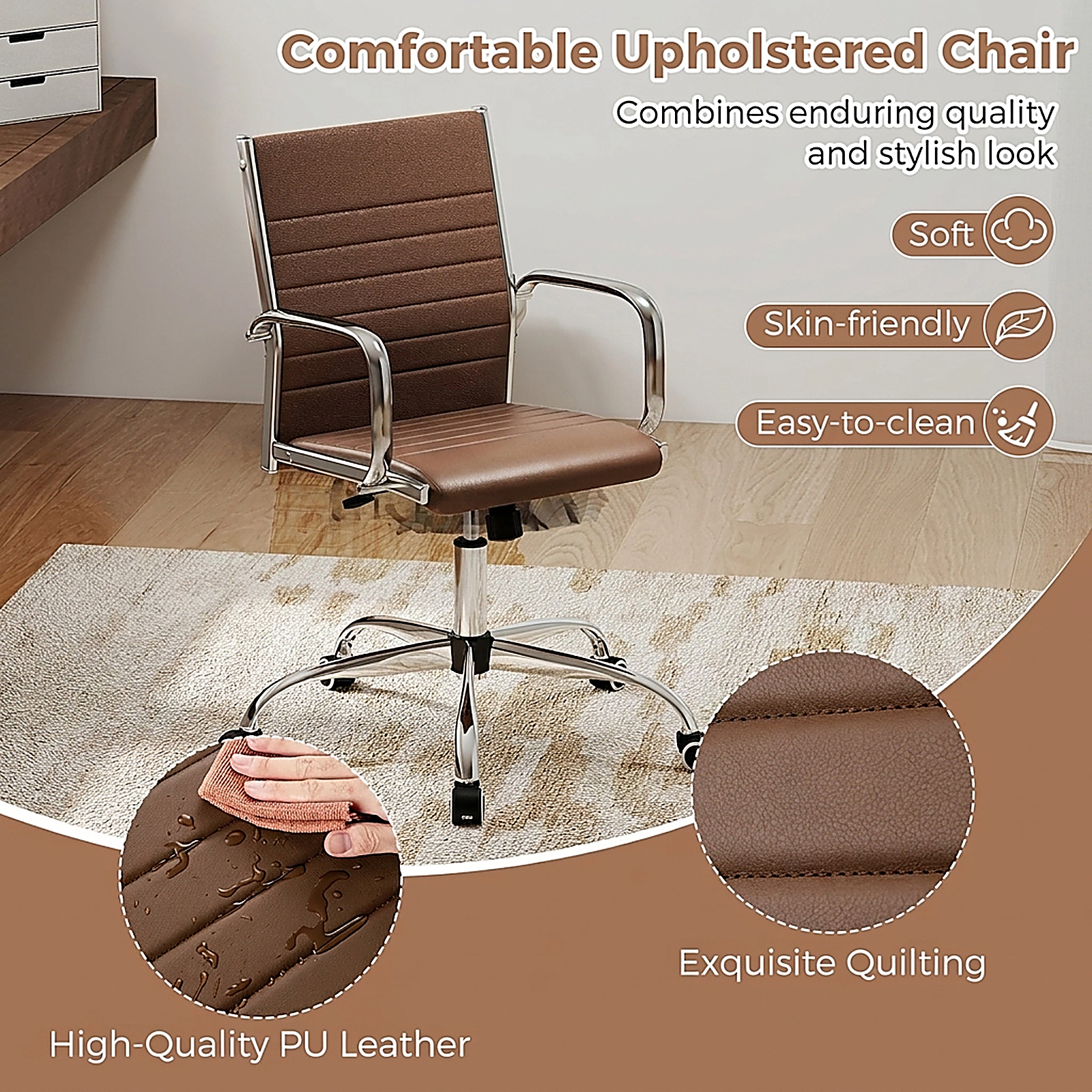 SUGIFT Height Adjustable Office Chair with Rocking Backrest and Armrests 330-Lb Capacity 23.5-in Wide Brown