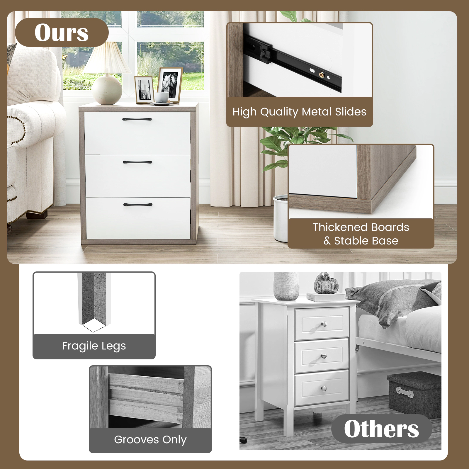 Glintex 3-Drawer Dresser Nightstand with 110-Lb Tabletop and Metal Slide Rails, Gray