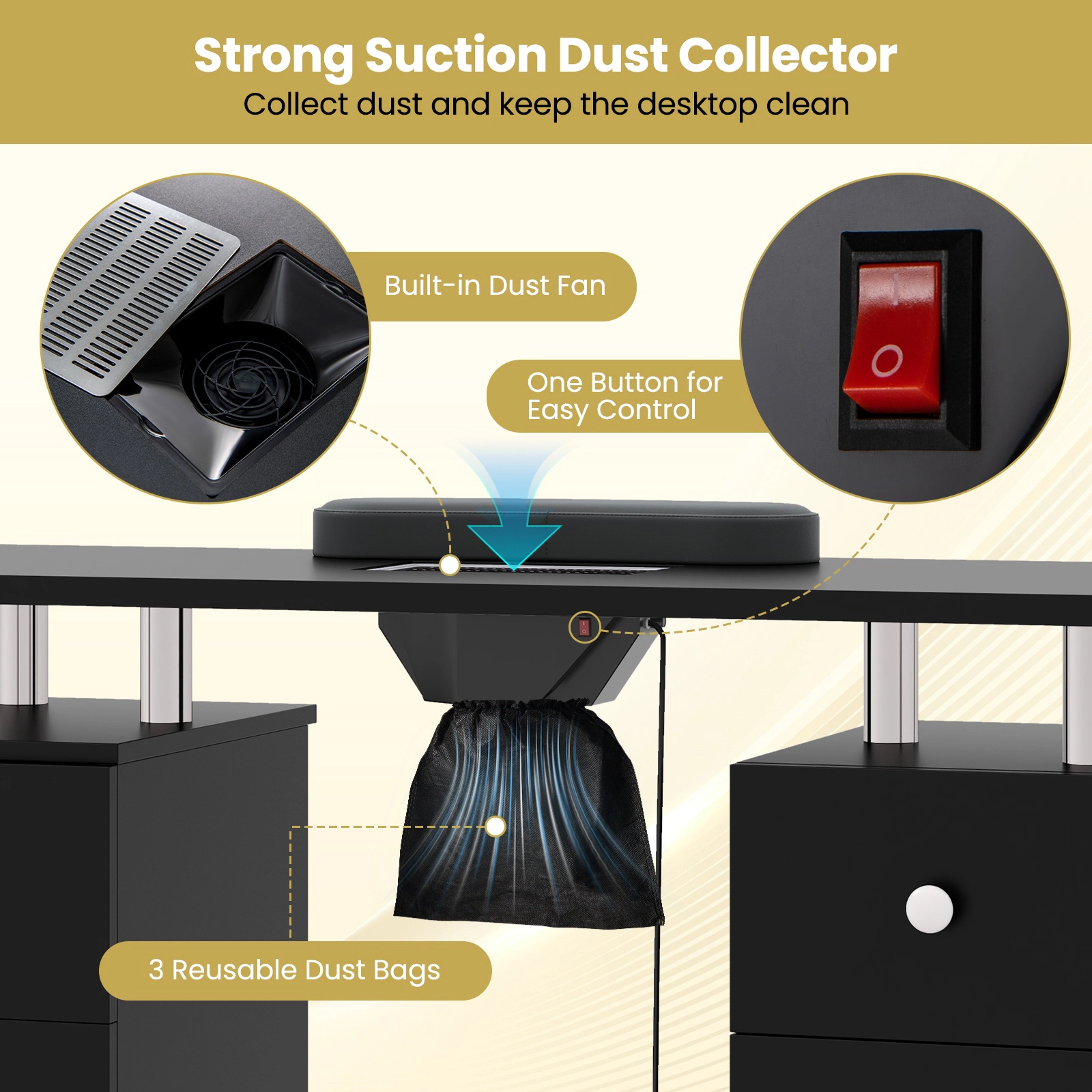 SUGIFT Manicure Table Nail Desk with Electric Dust Collector 88-lb Tabletop Capacity with Cabinet and 4 Drawers Black