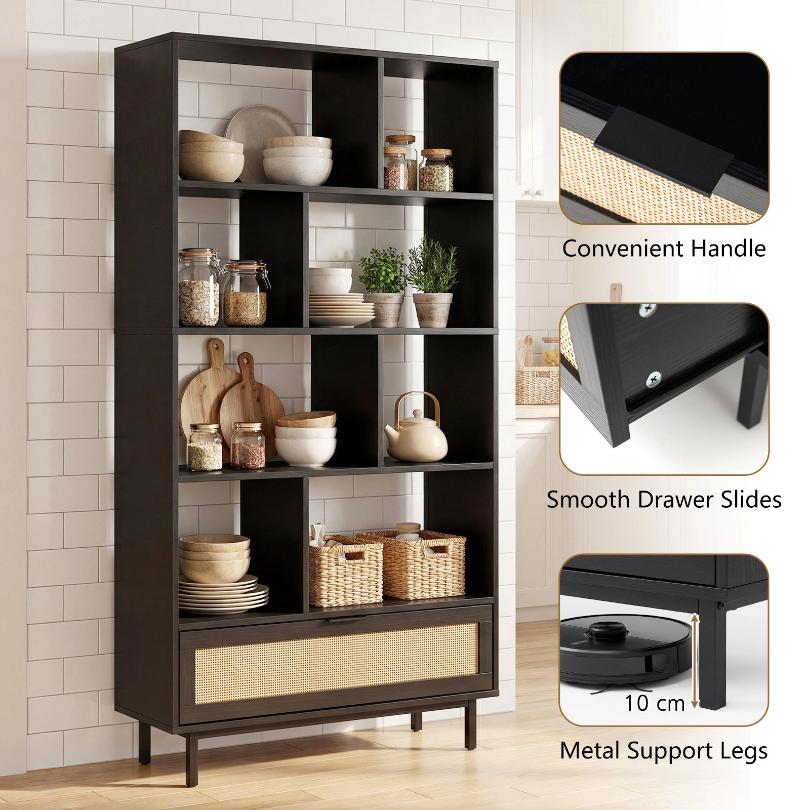 Costway Wooden Bookcase,6-Tier Bookshelf with 8 Open Cubes, Rattan Drawer & Metal Legs Natural