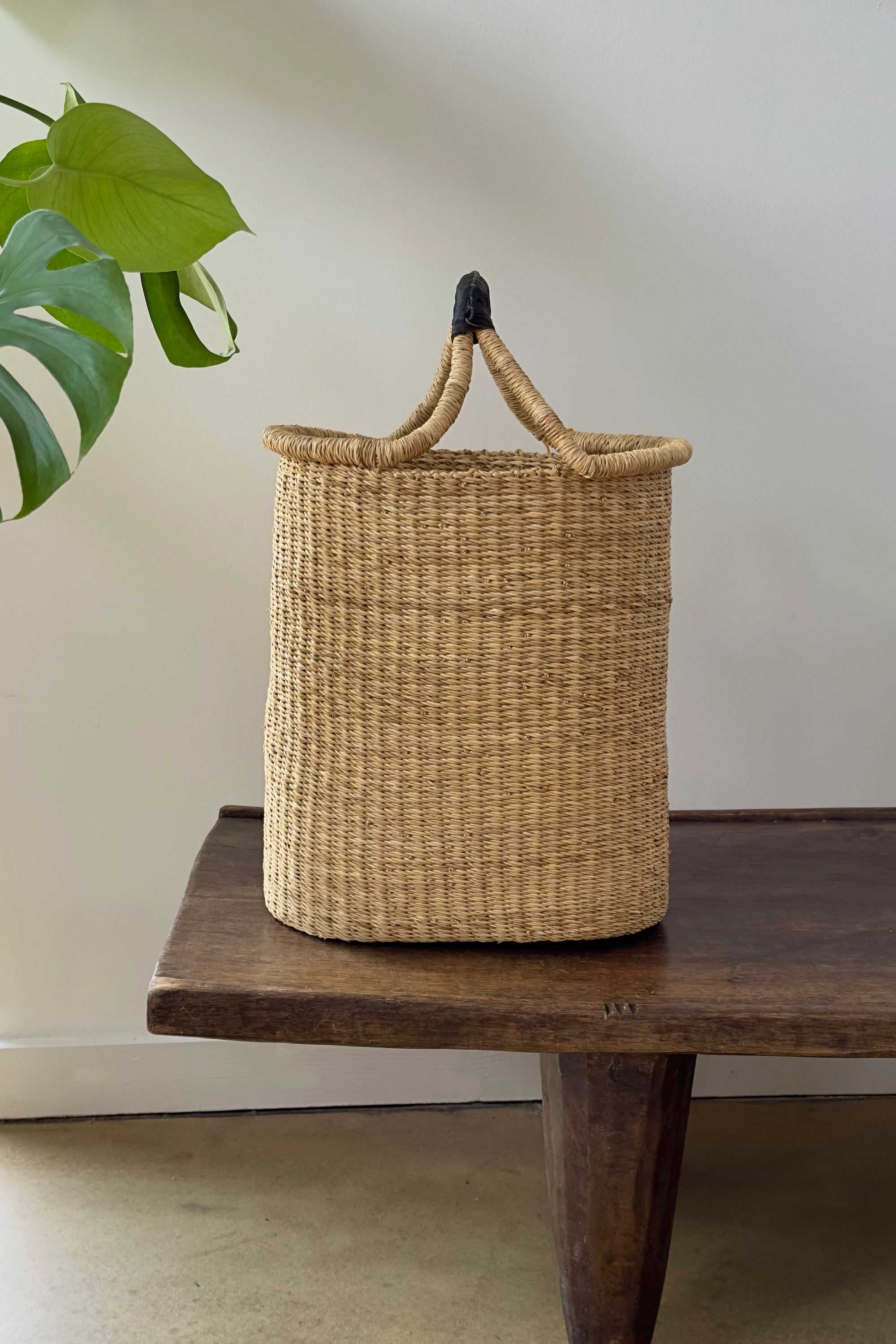 Mbare Handwoven Double Weave Pot Basket with Leather Handle