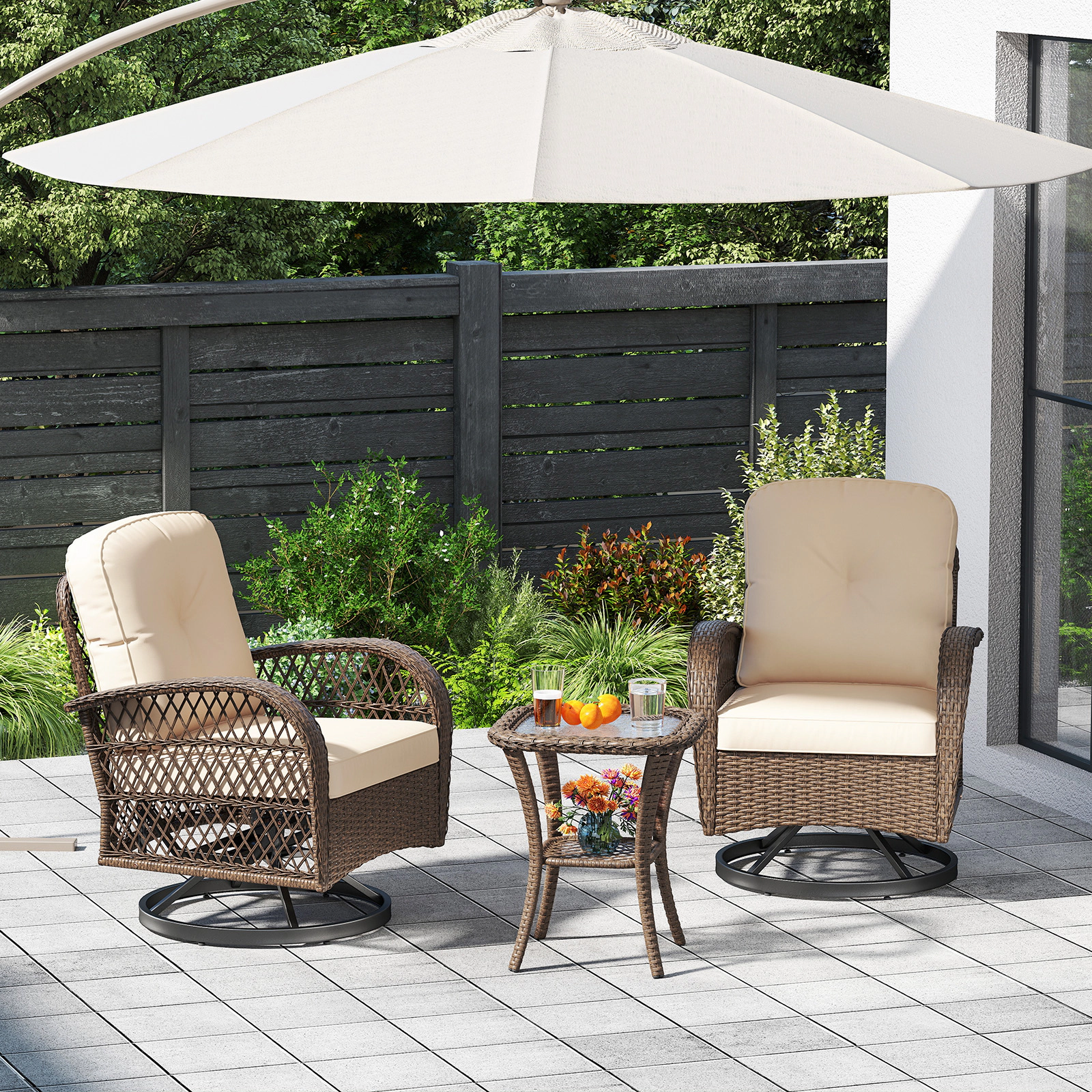 LJG 3 Piece Patio Swivel Rocker Set with Tempered Glass Side Table and Thick Cushions