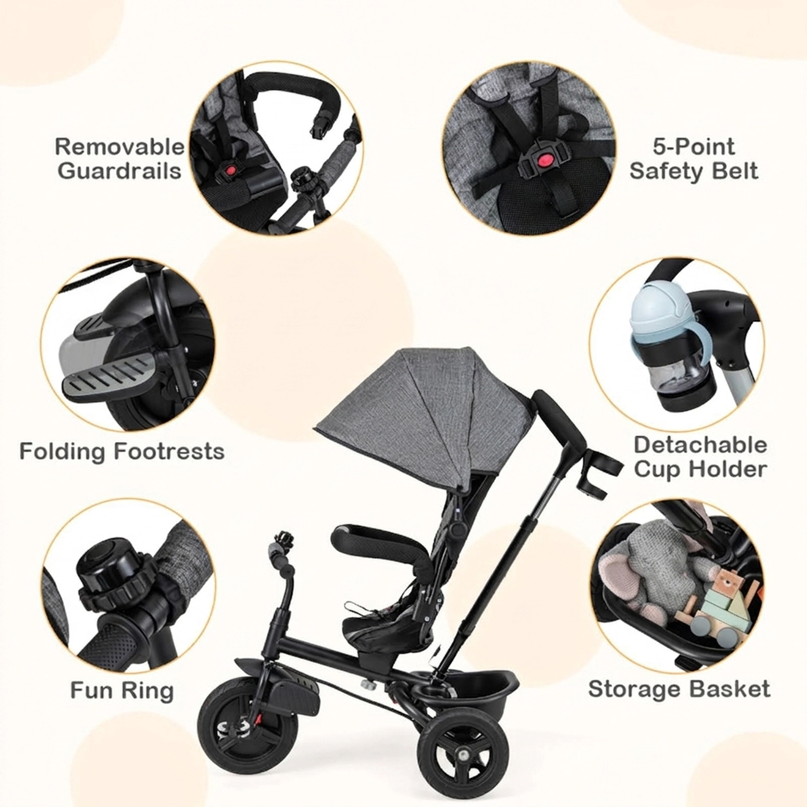 SUGIFT Toddler Gray 4-in-1 Tricycle with Reversible Seat and 5-Point Harness 30-in W 38-in H 55-lb Seat Capacity