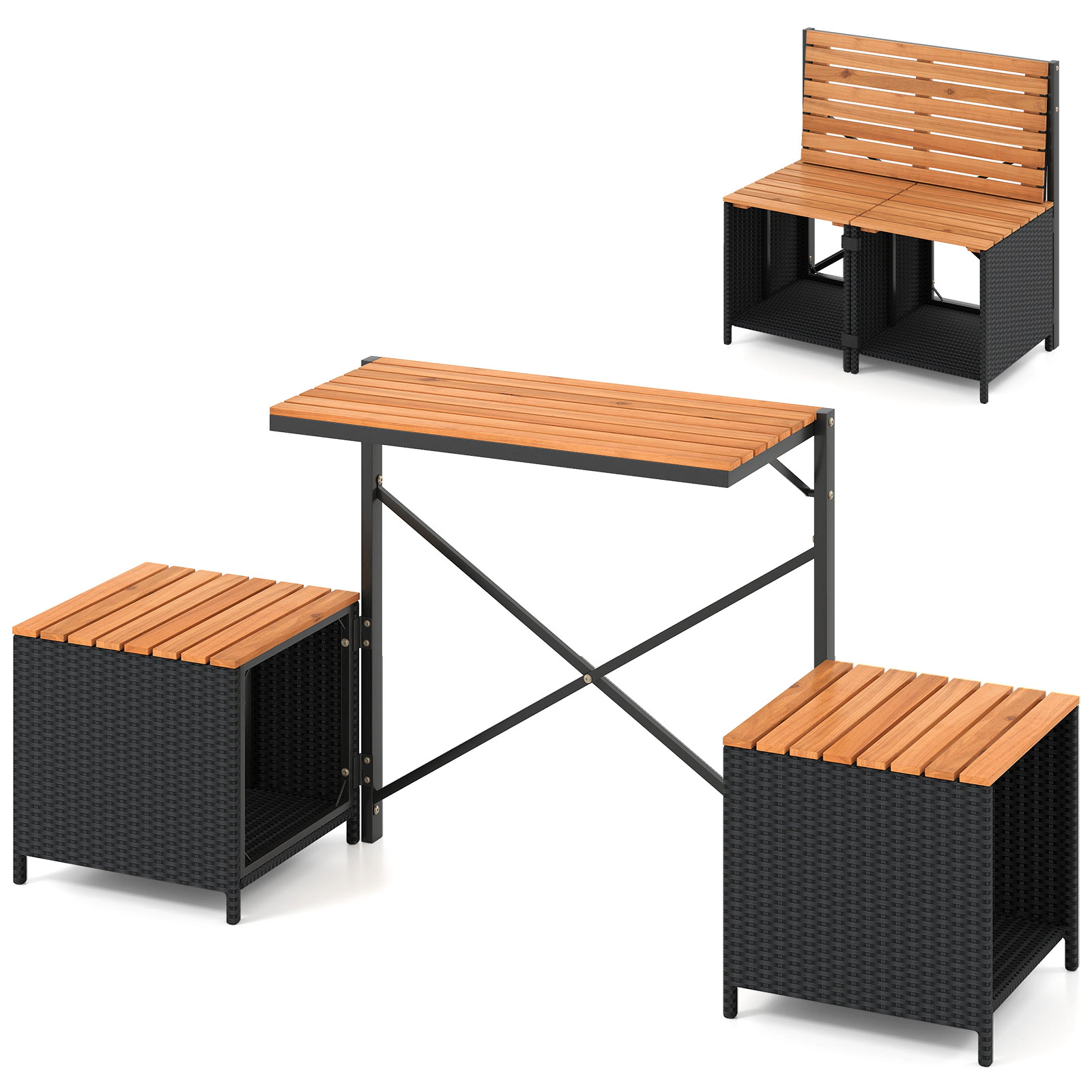 SUGIFT 2-in-1 Acacia Wood Loveseat and Picnic Table with Storage